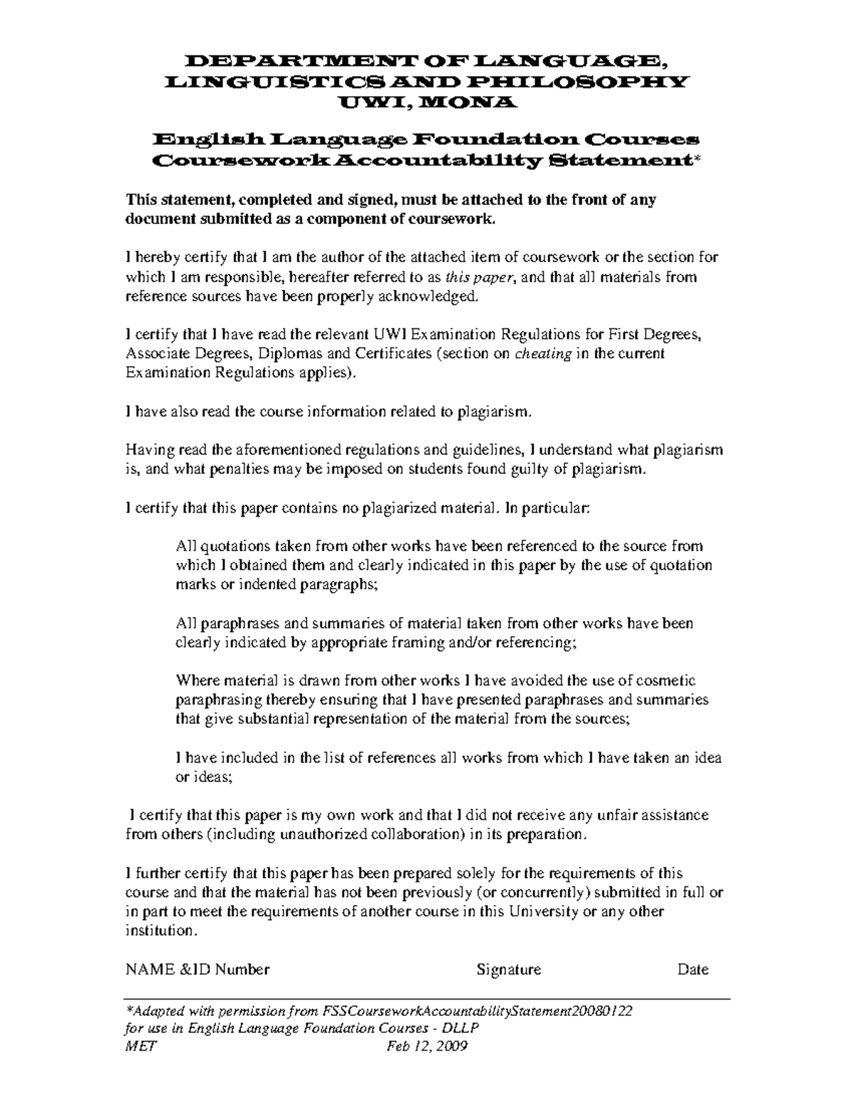 Coursework Accountability Statement - FOUN1014 English Language - Studocu