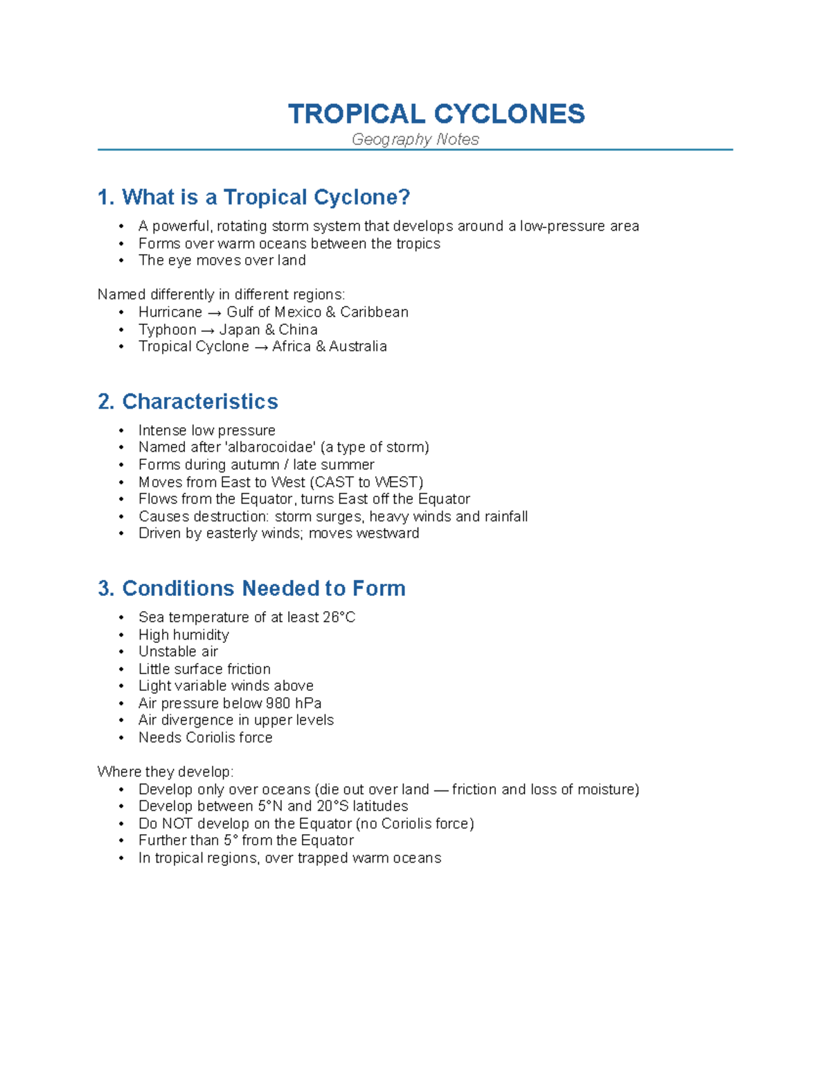 Tropical Cyclones Geography Notes: Characteristics & Impacts - Studocu
