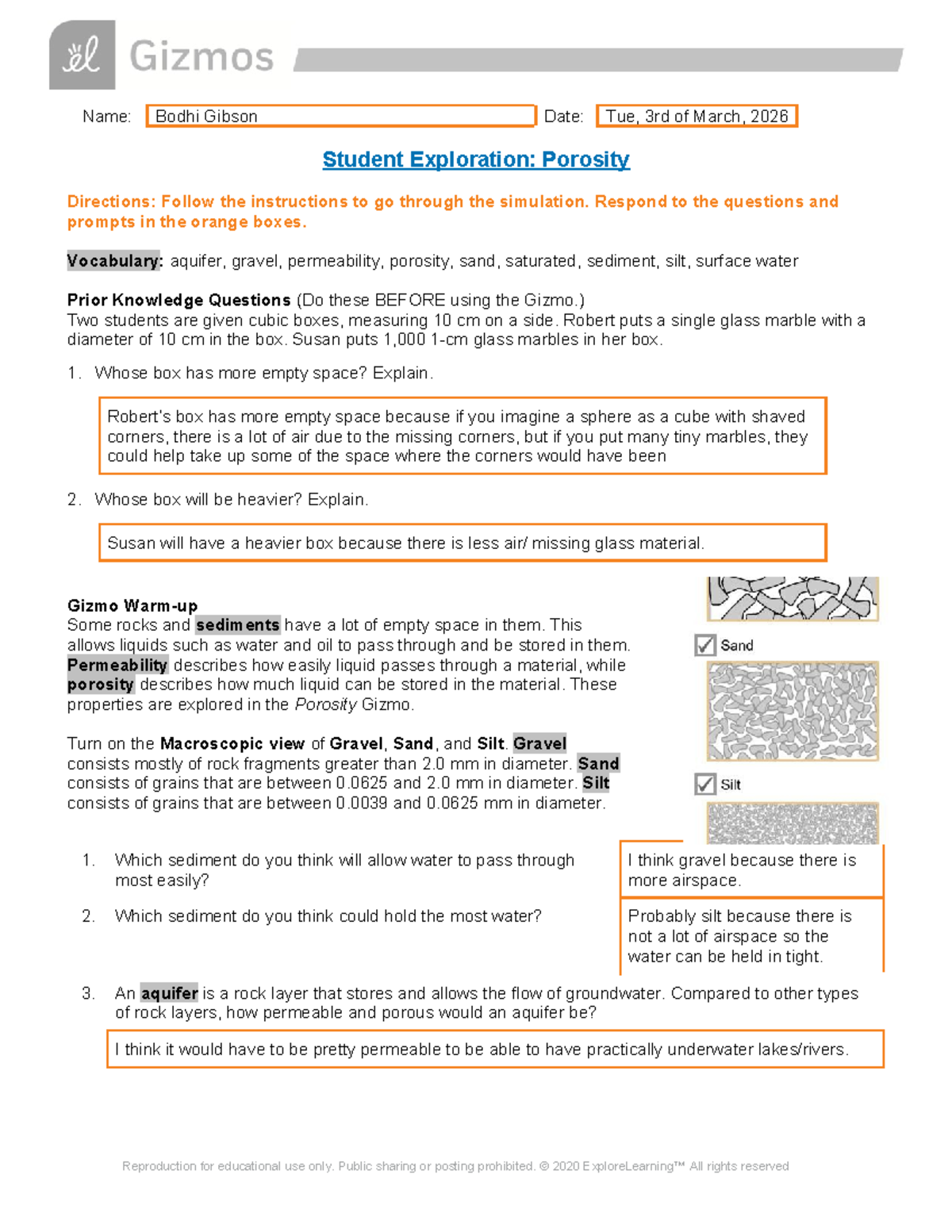Bodhi Gibson - 26 Porosity SE Gizmo Exploration Guide - Studocu