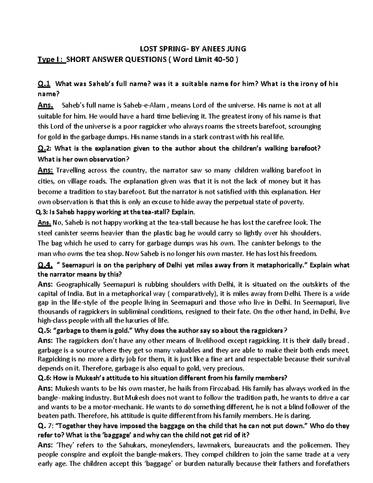LOST Spring - Q&A Notes for U (Short & Long Answer Types) - Studocu