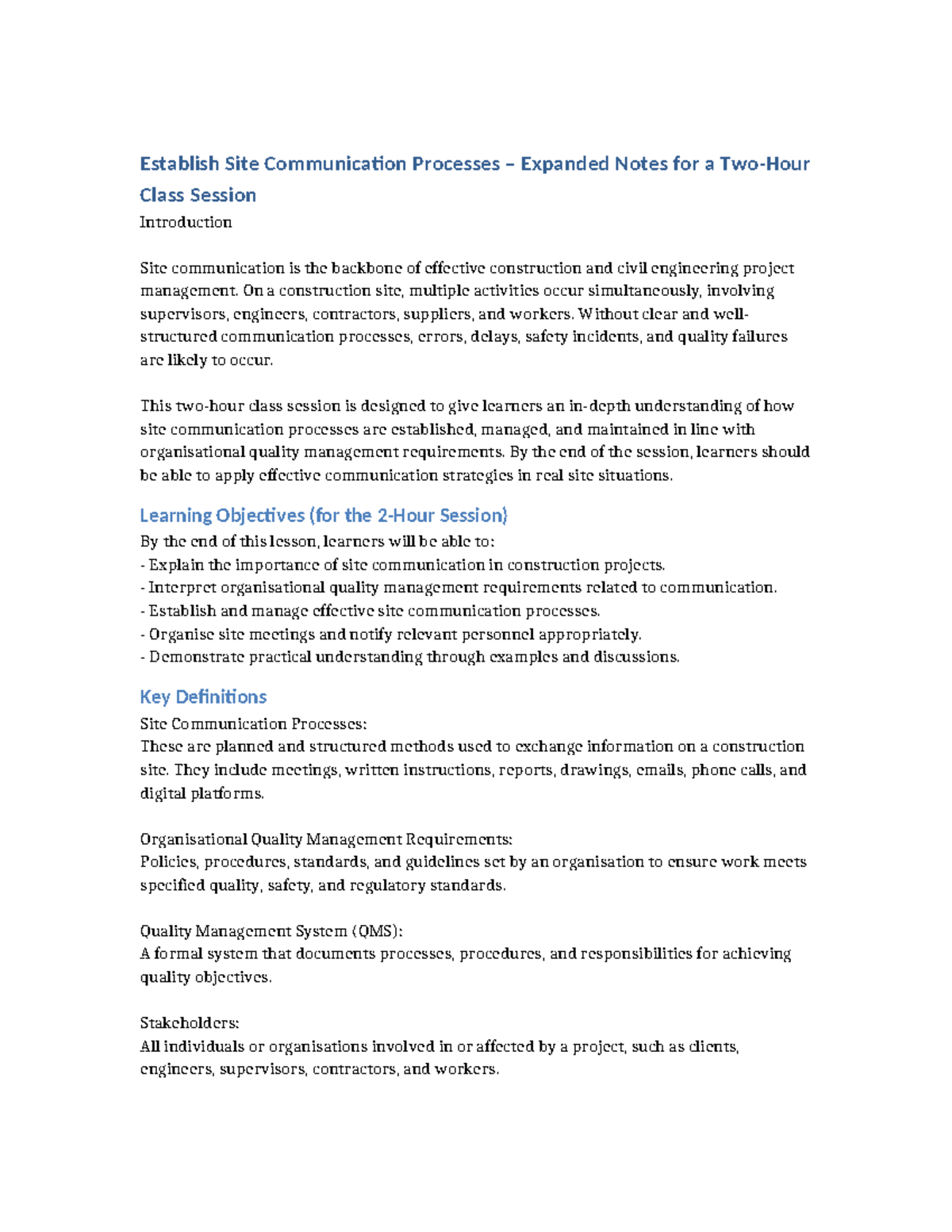 Establishing Site Communication Processes: 2-Hour Class Notes - Studocu