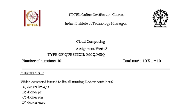 NPTEL CC Assignment 8 - Cloud Computing Questions & Solutions - Studocu