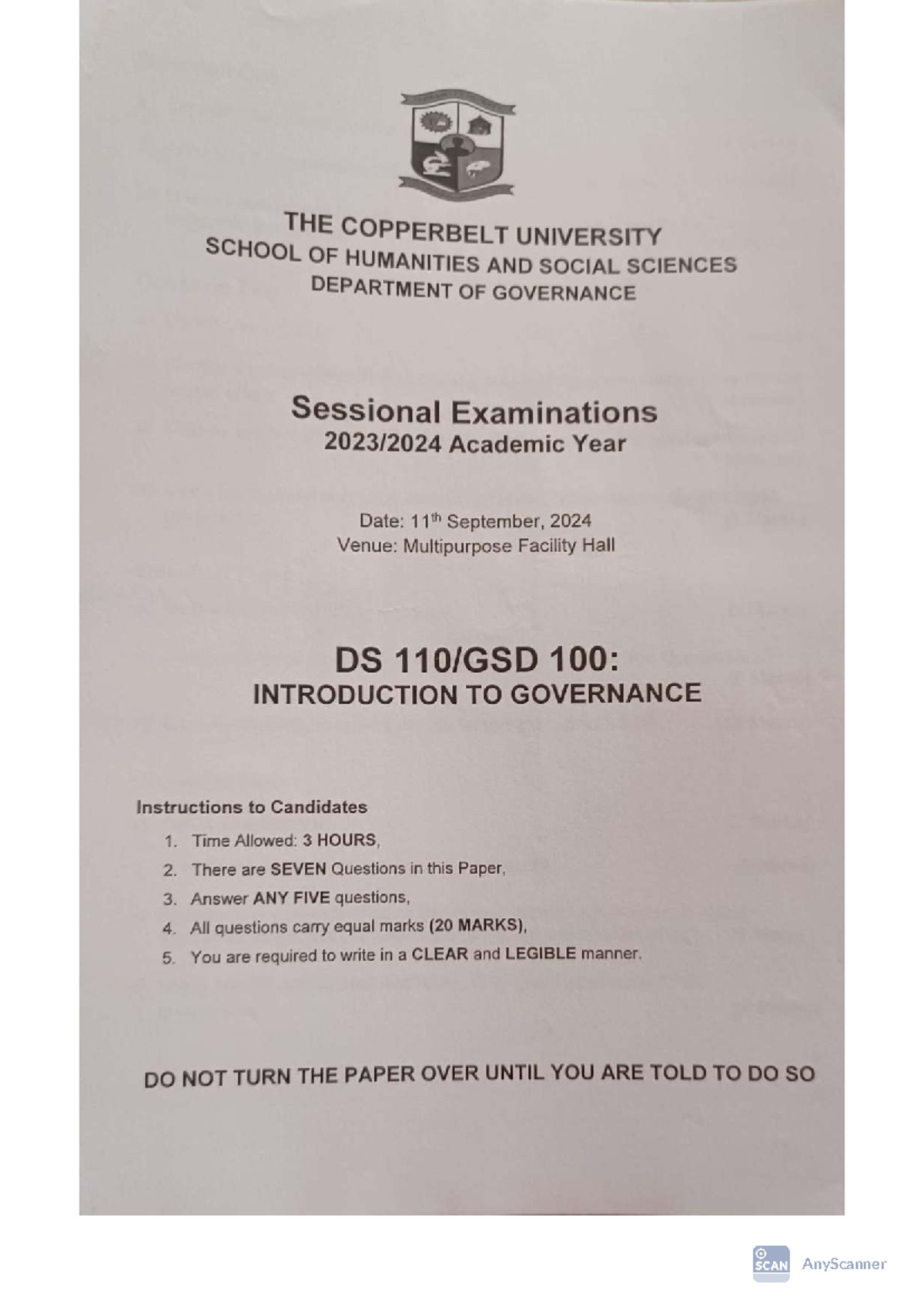 CBU DS 110: Introduction to Governance Sessional Exam 2024 - Studocu