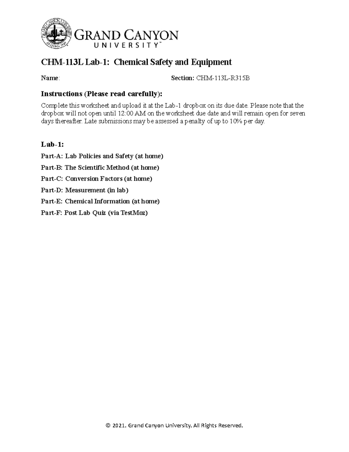 CHM-113L Lab 1: Chemical Safety Procedures and Equipment Handling - Studocu