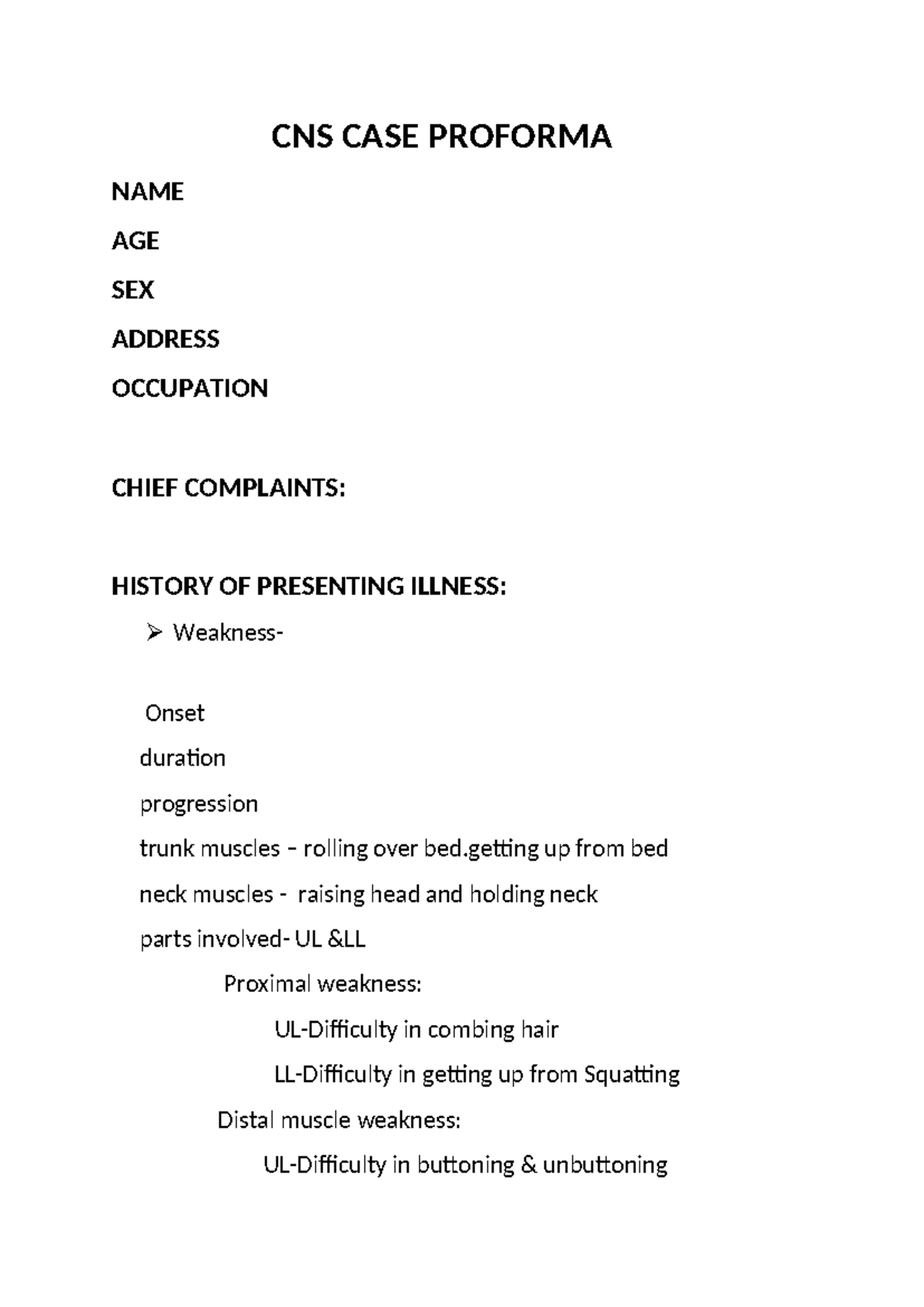 CNS Case Proforma - Comprehensive Assessment Template - Studocu