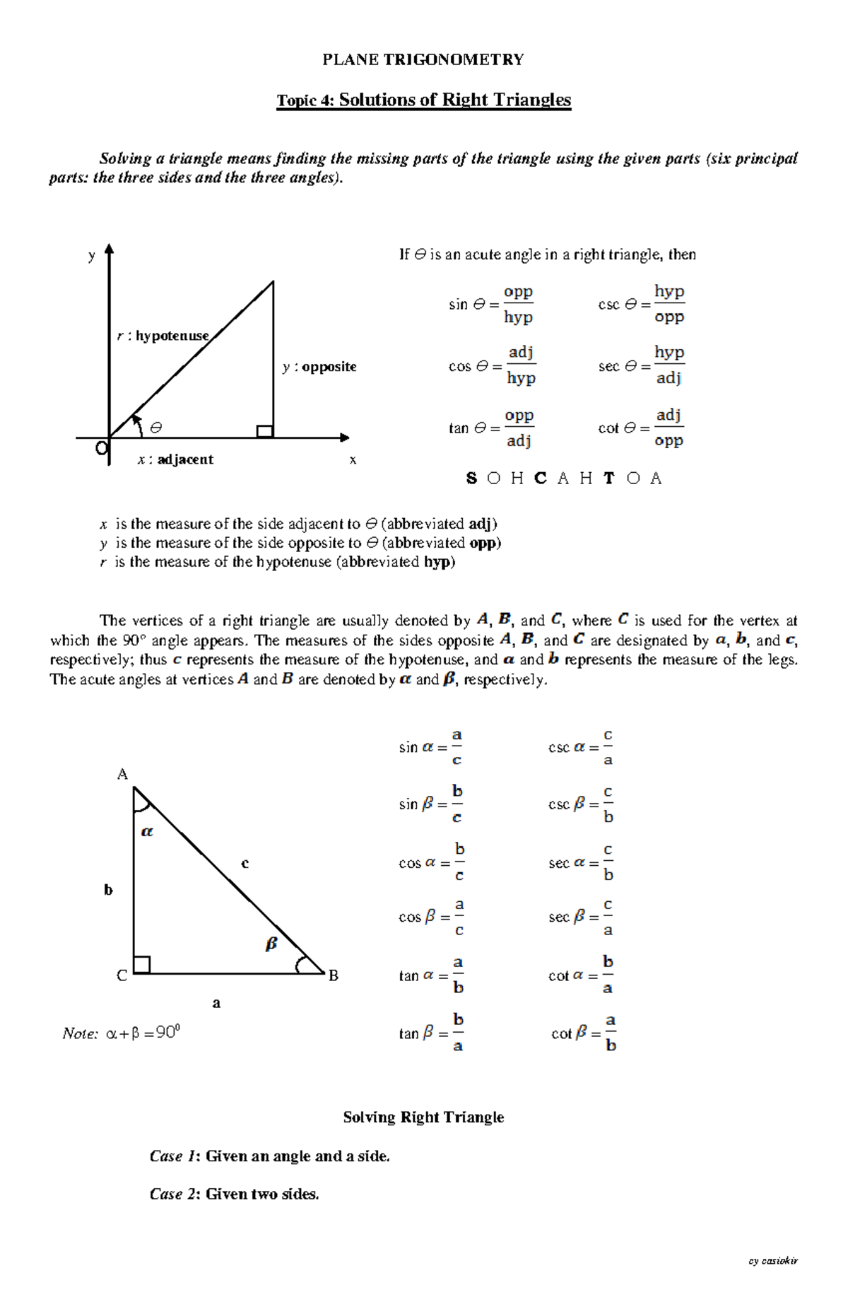 PLANE TRIGONOMETRY Topic 4: Solutions of Right Triangles - Studocu