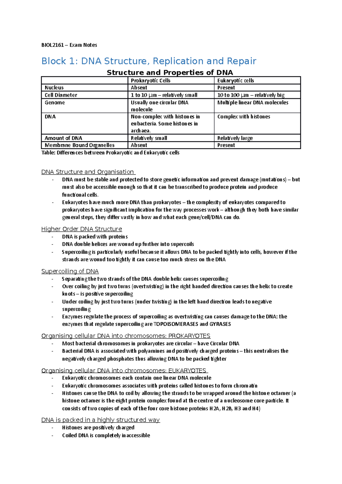 BIOL2161 - Comprehensive Exam Notes on DNA Structure and Replication ...