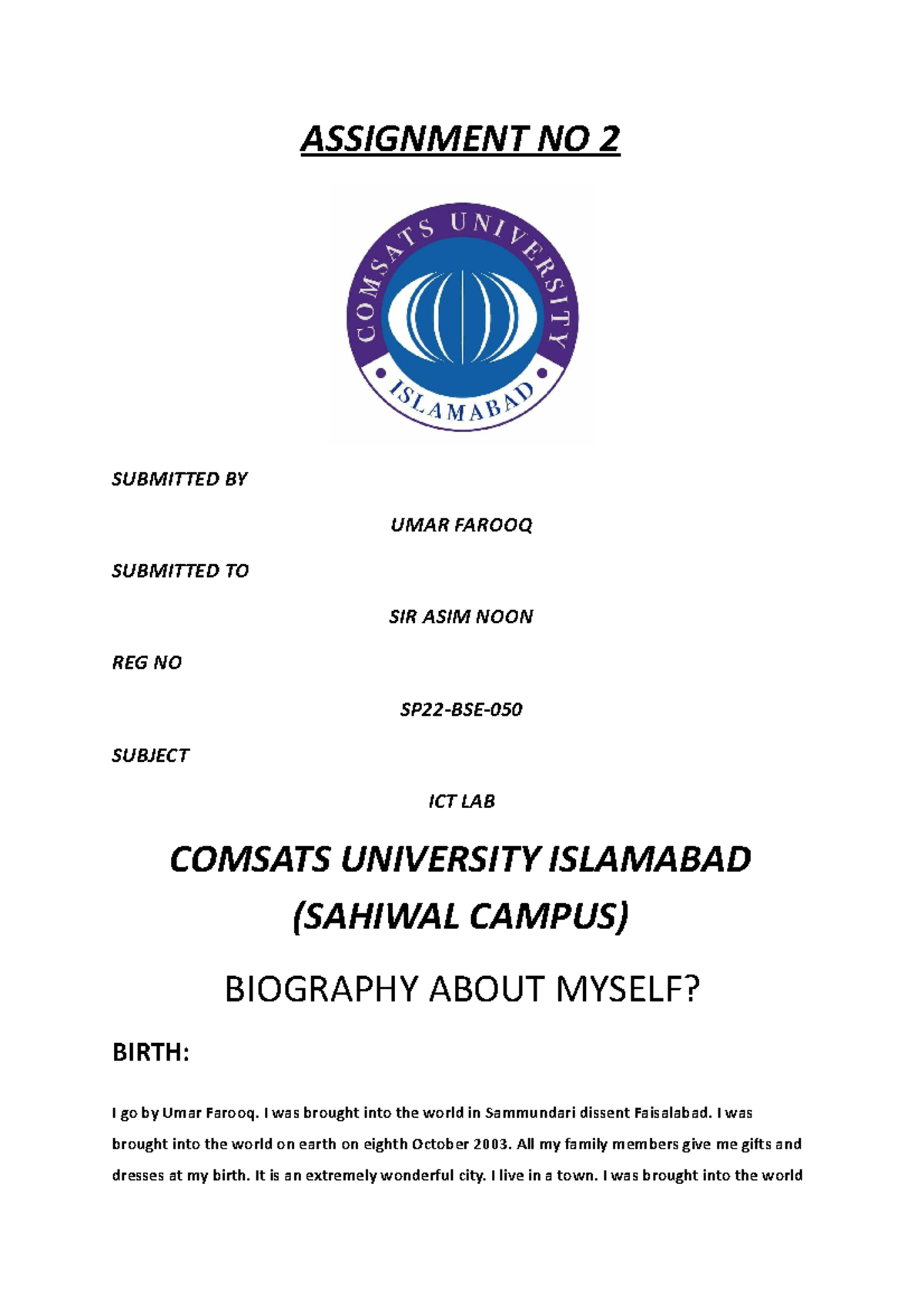 Biography Assignment No 2 - Umar Farooq | COMSATS ICT Lab Draft - Studocu
