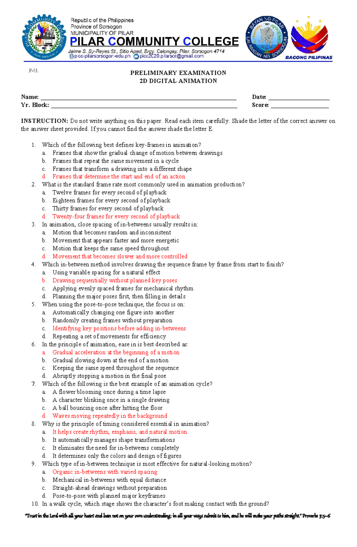 2D Digital Animation Preliminary Exam (JMJ) - Studocu