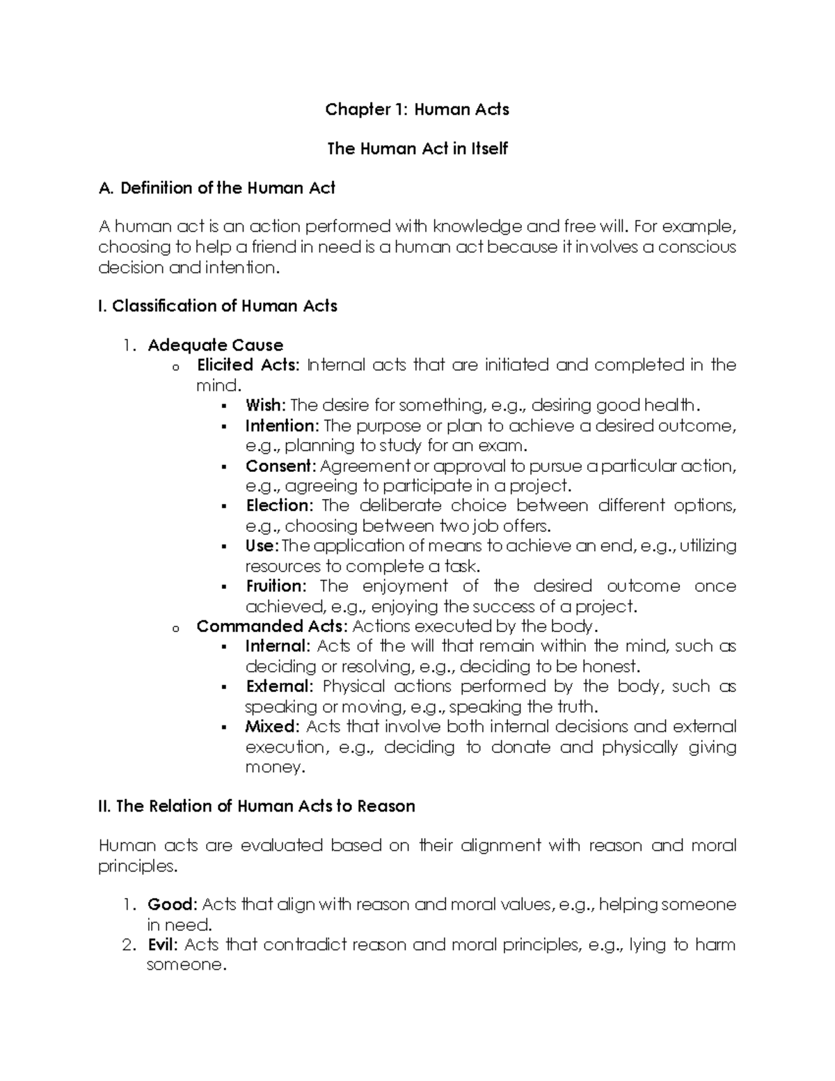 Ethics: Chapter 1 Human Acts Review & Analysis - Studocu
