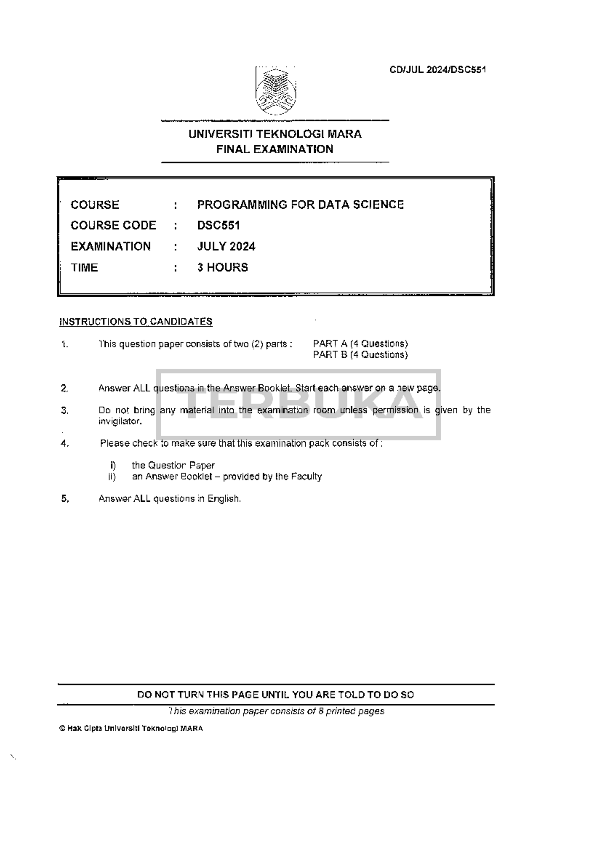 DSC551 Final Exam Past Year Questions for Data Science Programming ...