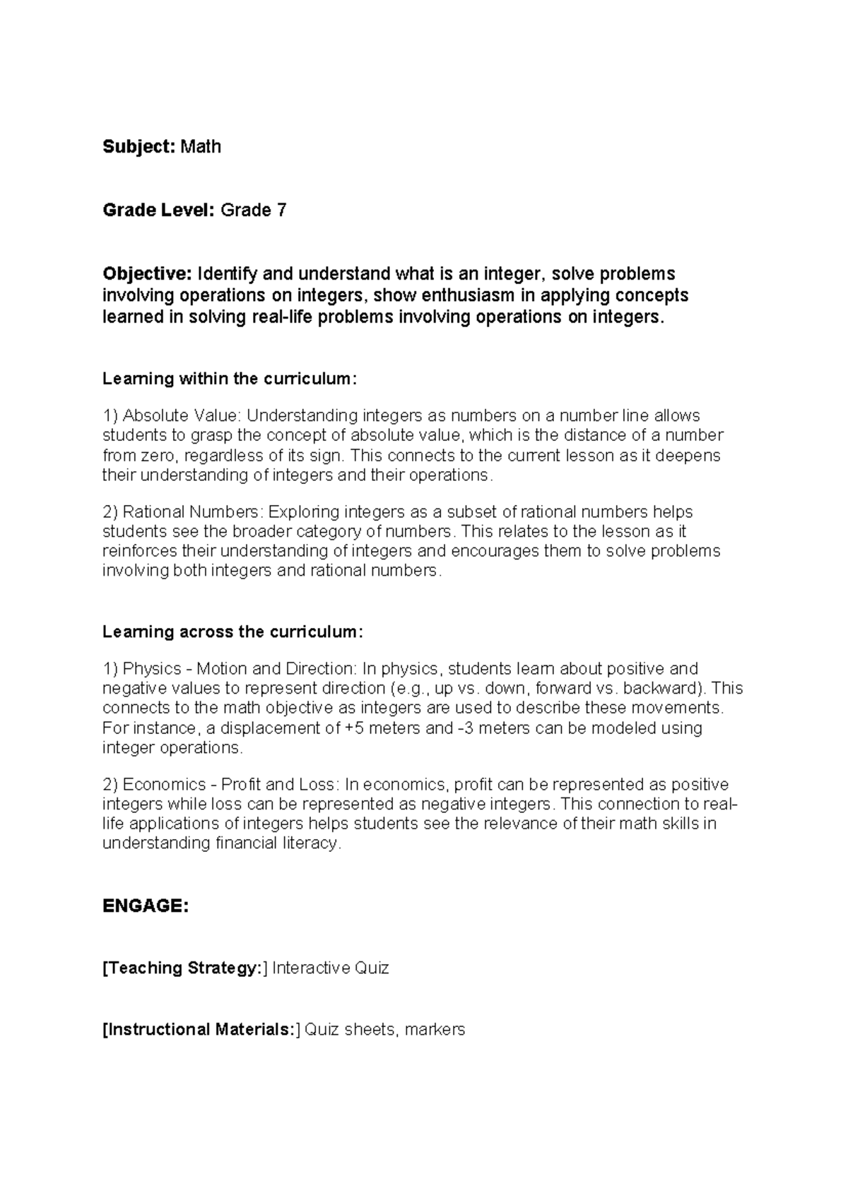 Lesson plan - Subject: Math Grade Level: Grade 7 Objective: Identify ...