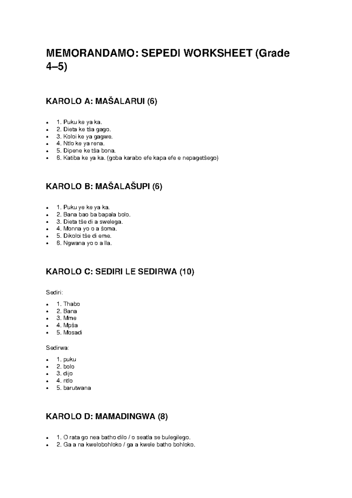 Sepedi Worksheet Memorandum (Grade 4-5) - Studocu