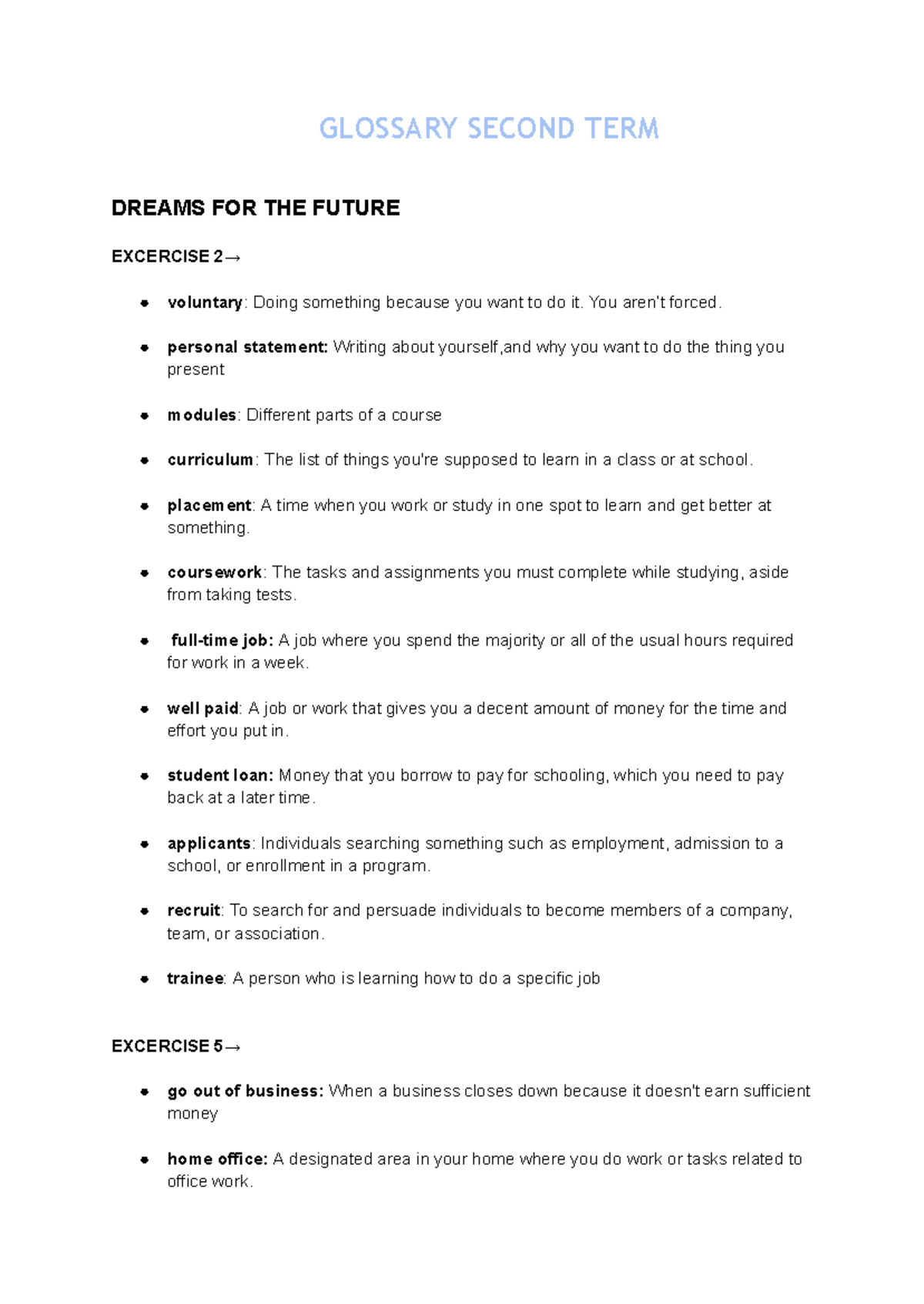 Glossary of Key Terms - Second Term Overview for Students - Studocu