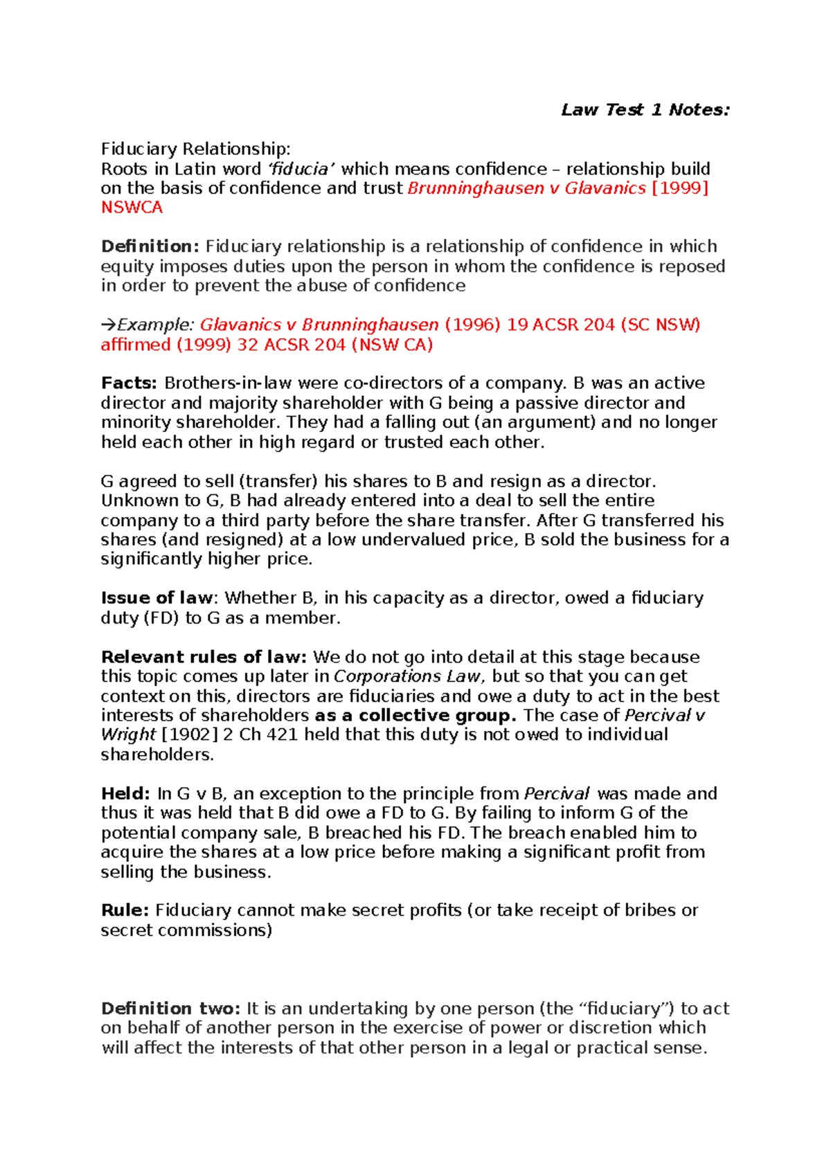 Law Test 1 Notes: Understanding Fiduciary Relationships and Duties ...