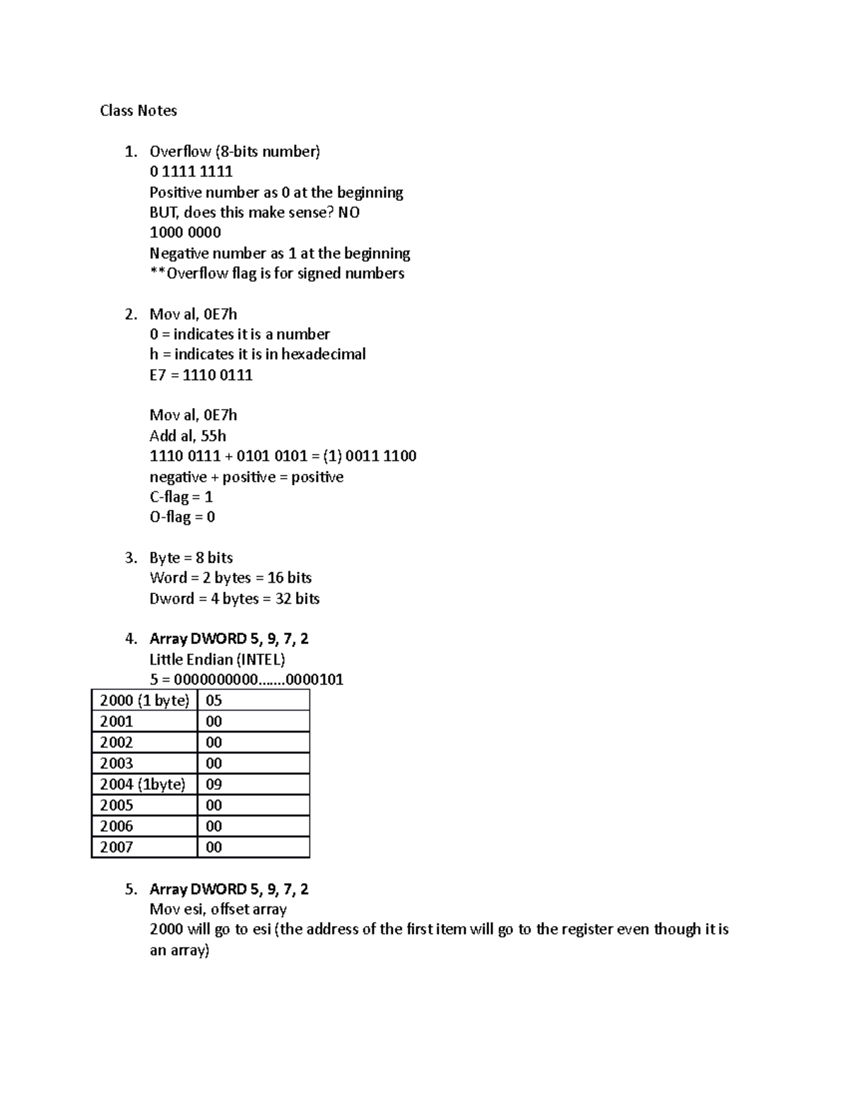 Class Note Week 1 - Class Notes 1. Overflow number) 0 Positive number ...