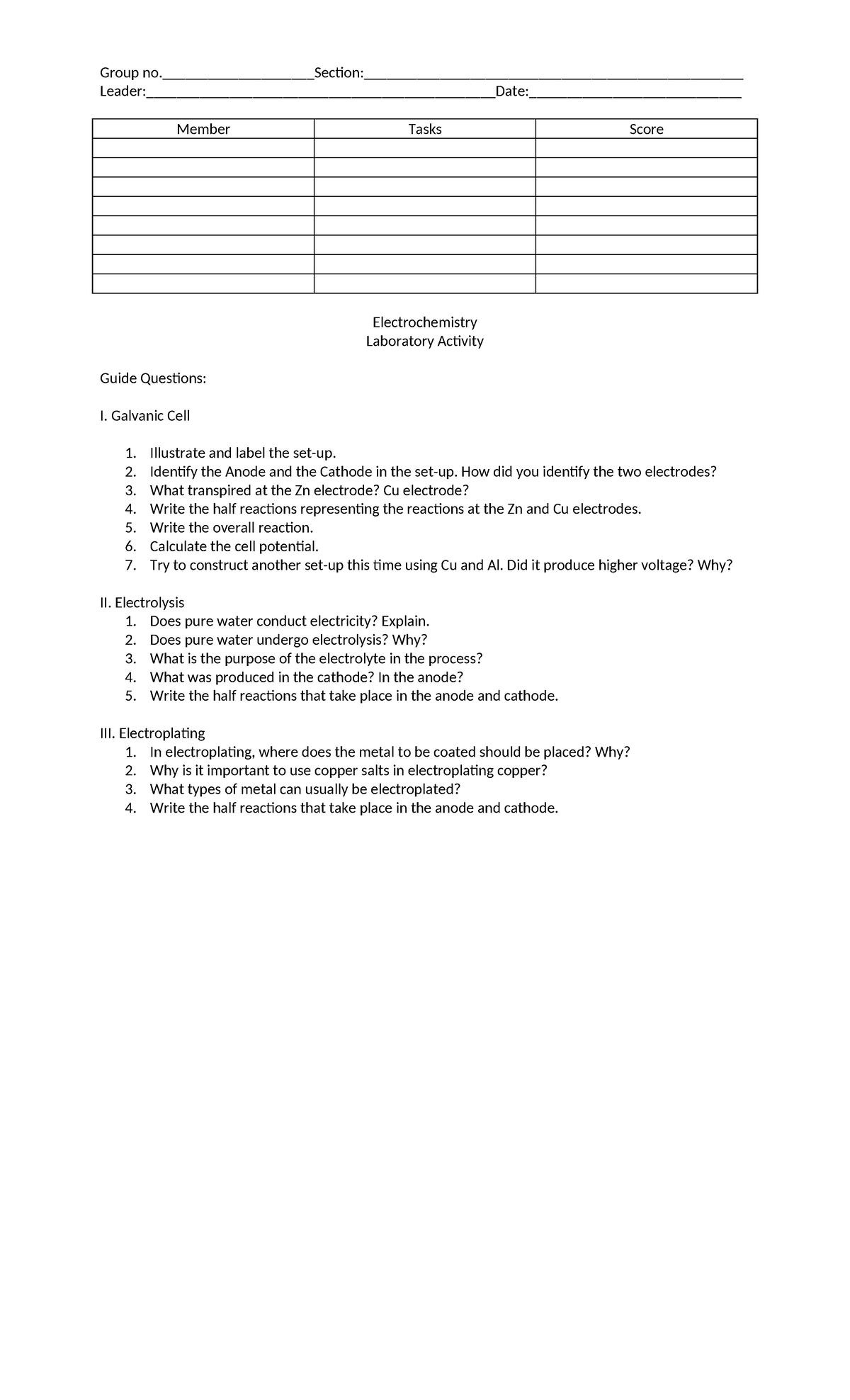 Electrochemistry Lab Activity Guide: Group Member Tasks & Scores - Studocu