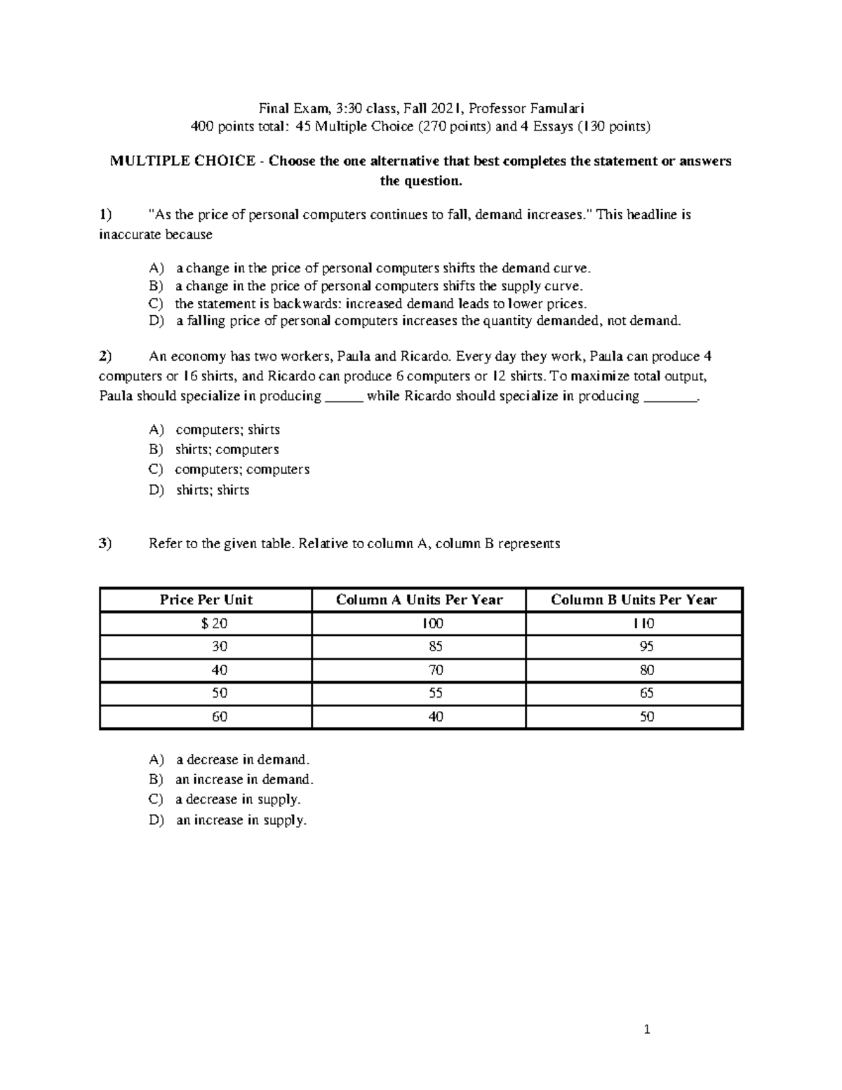 Final Exam Review: Econ 101, Fall 2021, Prof. Famulari - Studocu