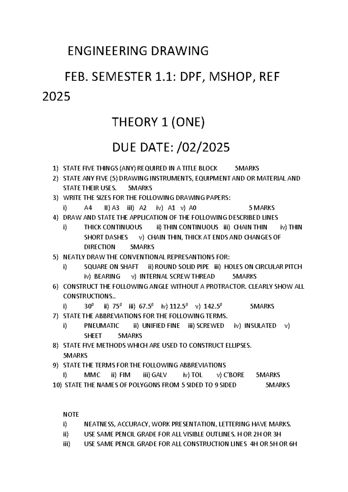 ENGR DRAWING NOTES: SEM 1 DPF, MSHOP, REF (2025) - Studocu