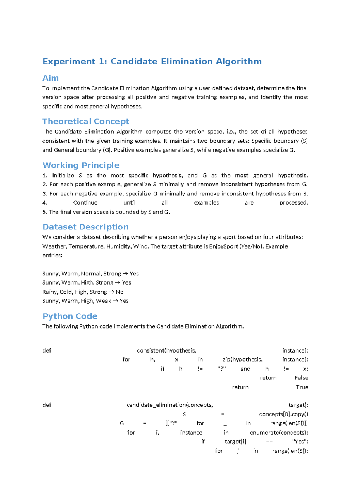 Candidate Elimination Algorithm: Experiment 1 Analysis and ...