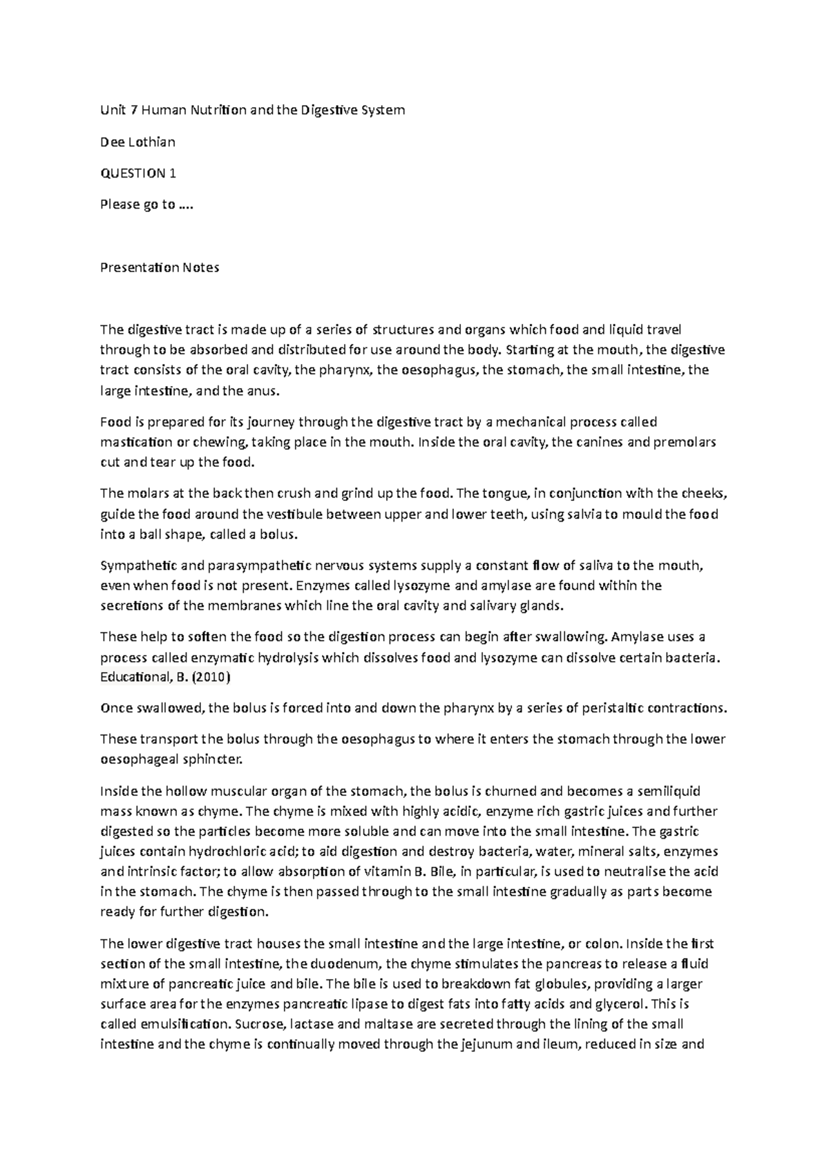 Unit 7 Human Nutrition and the Digestive System UNIT 7 NOTEs - Unit 7 ...