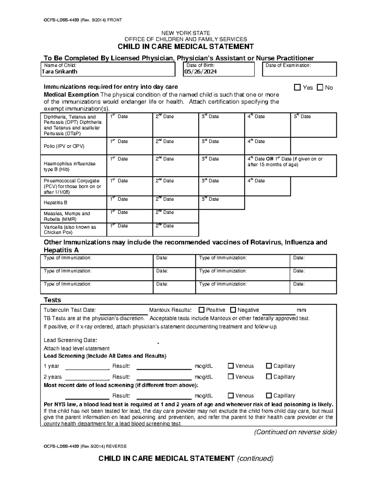 NYS Child In Care Medical Statement: Immunization & Health Details ...