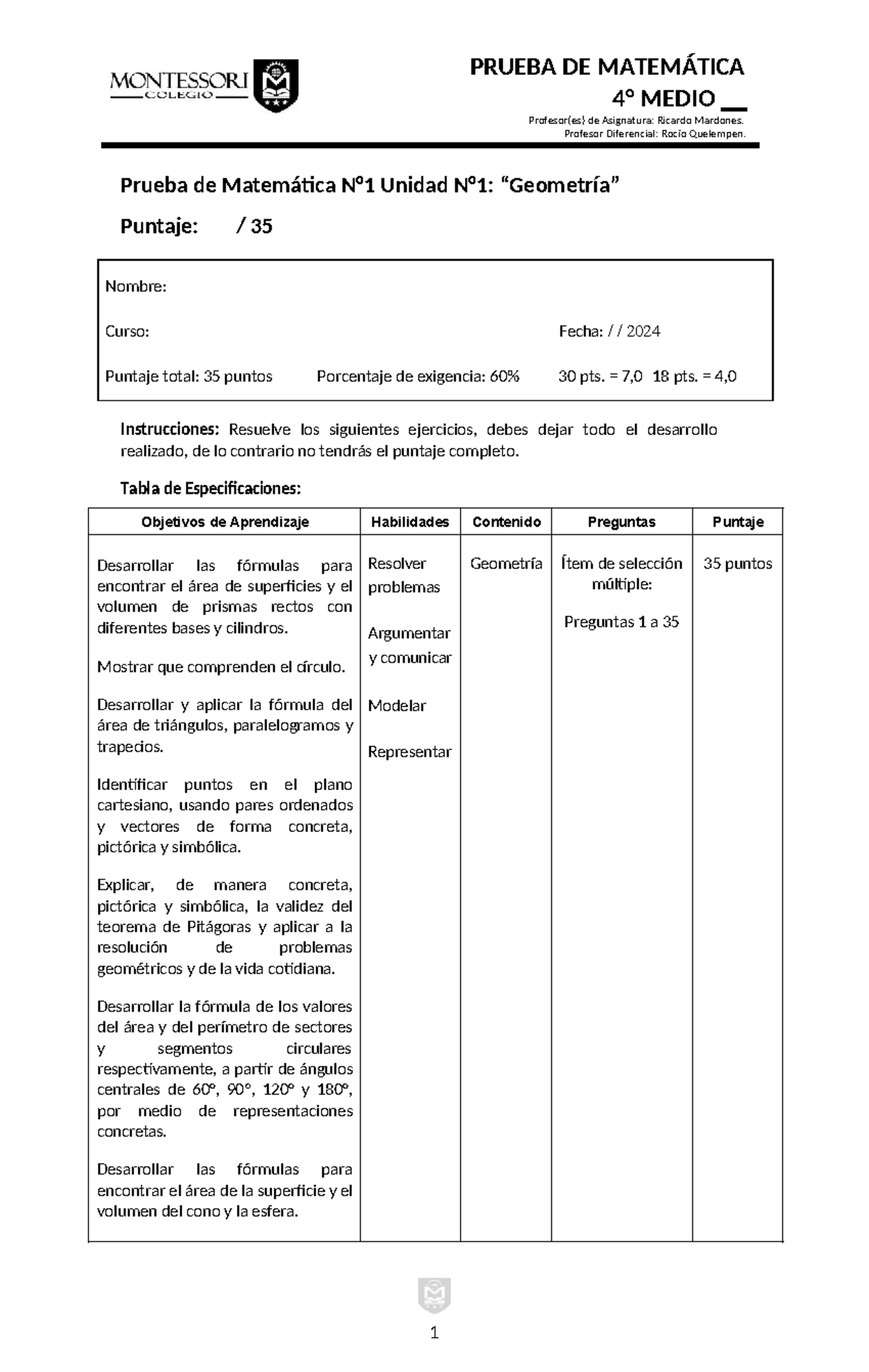 Prueba de Matemática N°1 - Unidad N°1: Geometría 4° Medio - Studocu