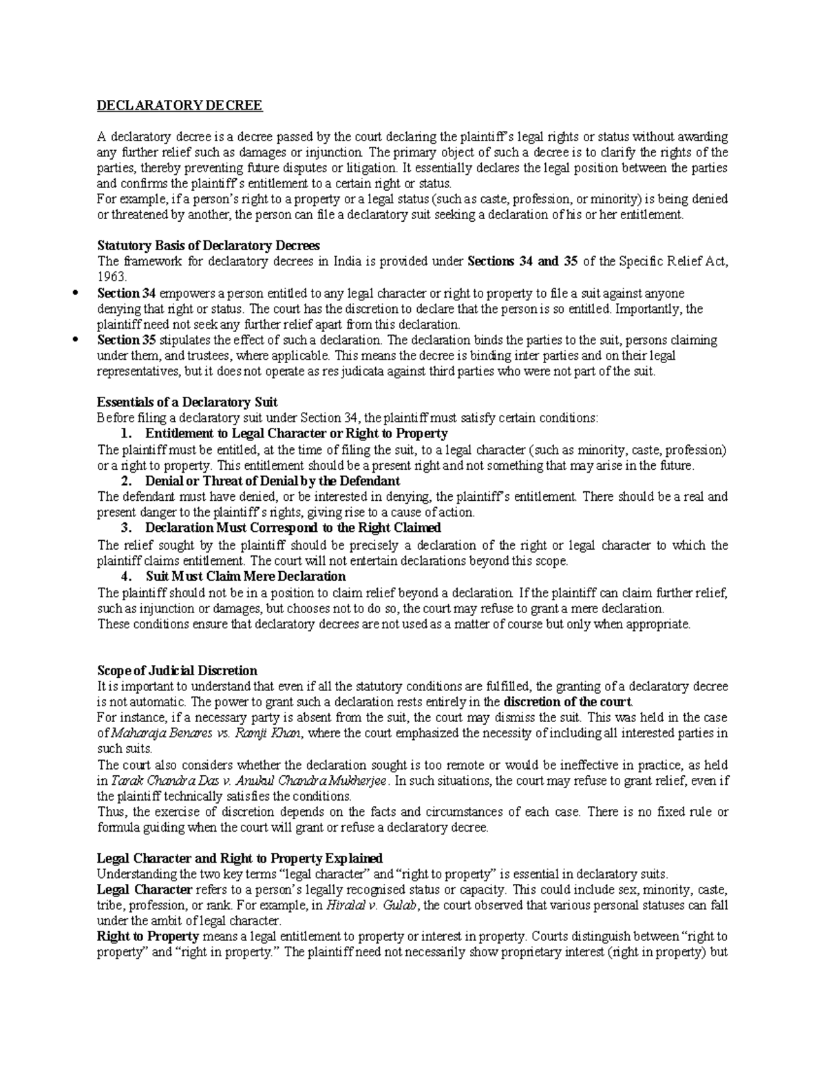 Declaratory Decree - Legal Rights and Judicial Discretion Notes - Studocu