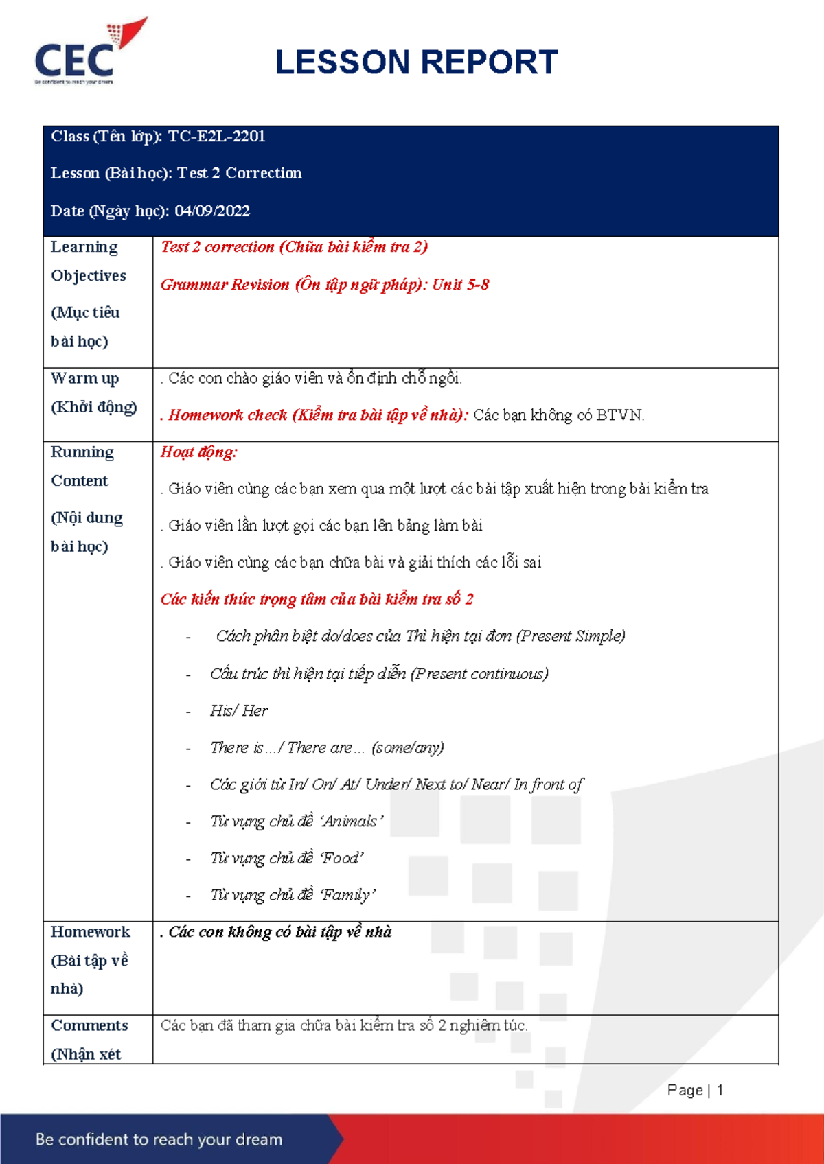 Lesson report 28 - LESSON REPORT Class (Tên lớp): TC-E2L- Lesson (Bài ...