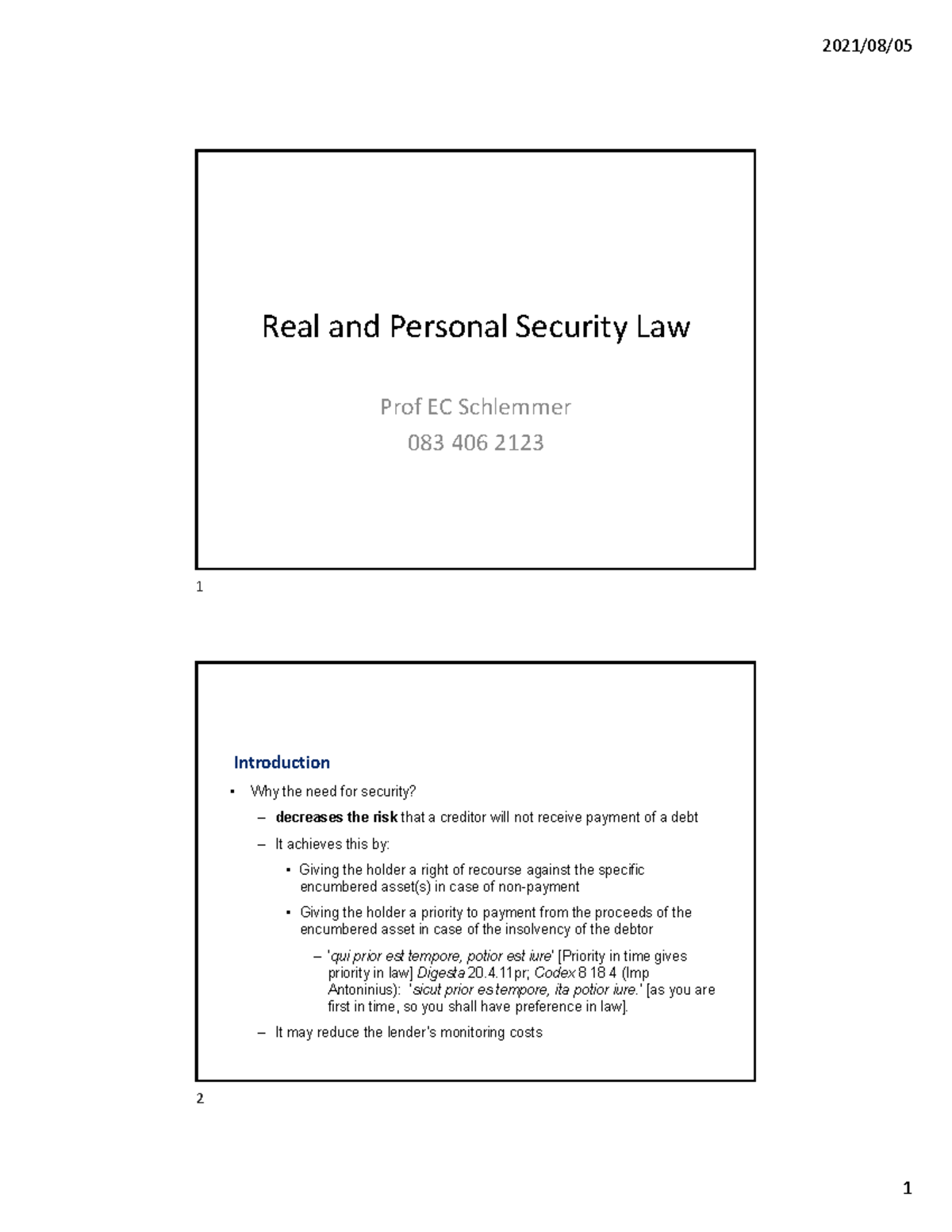 Topic 1 Real and Personal Security Law - Wits University - Studocu