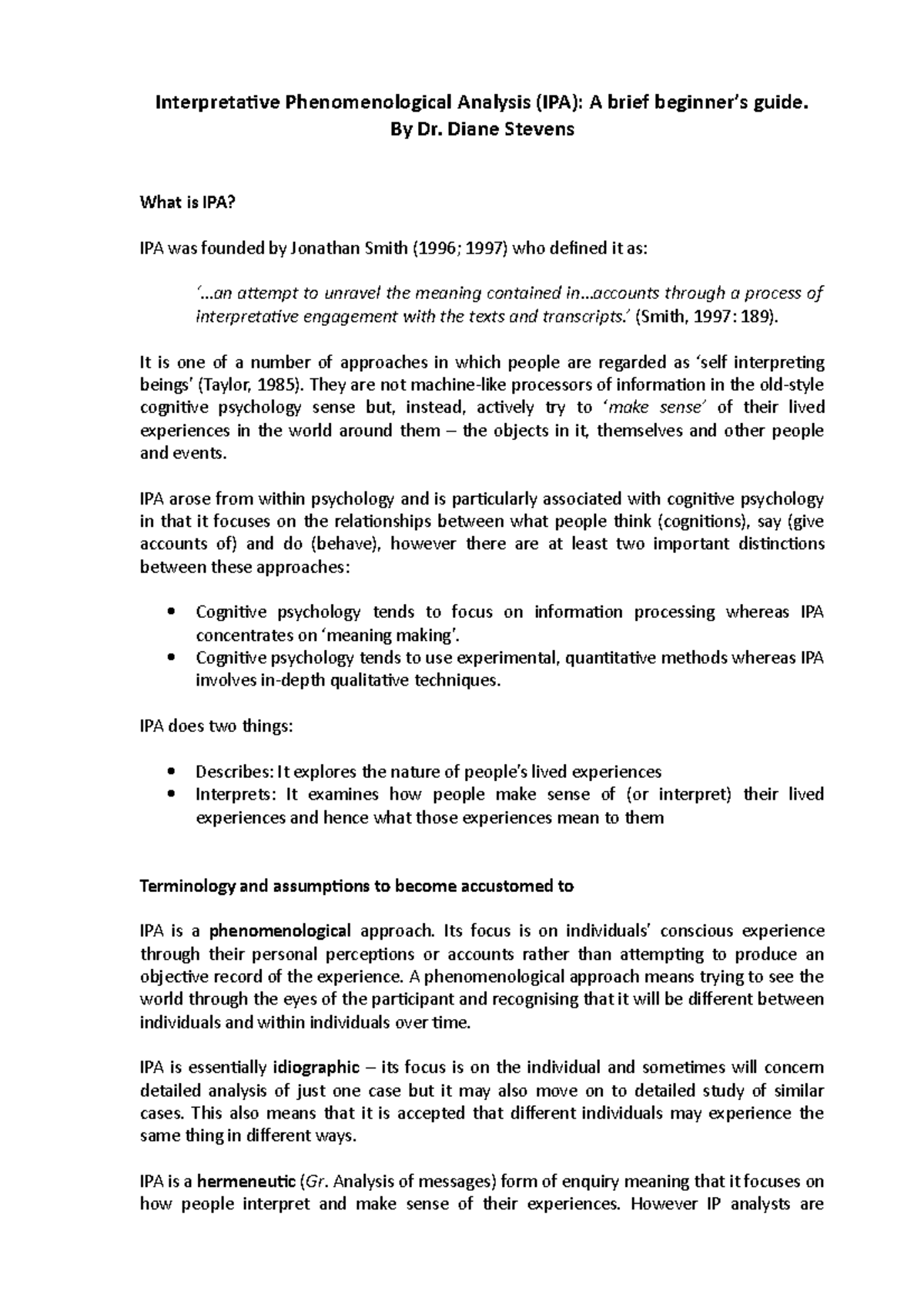 Interpretative phenomenological analysis notes - Interpretative ...