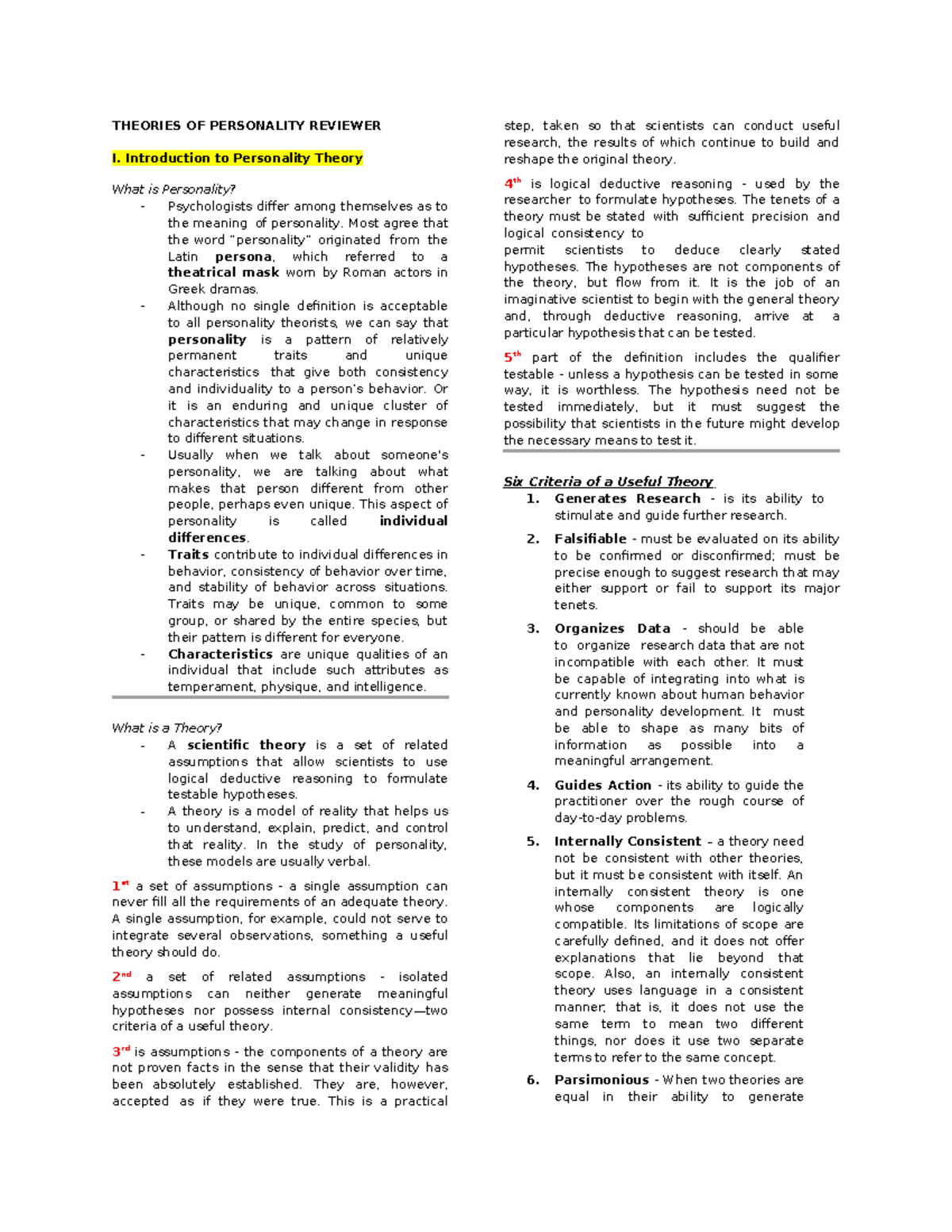 T.O.P Reviewer: Key Concepts in Personality Theories - Studocu