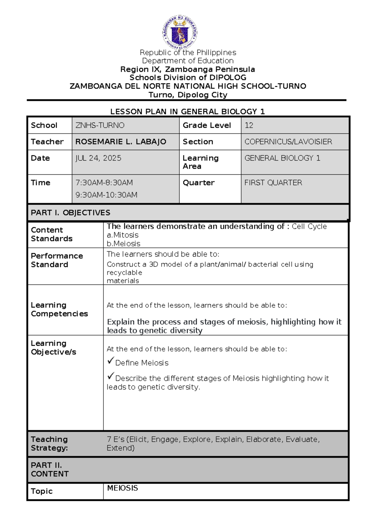 Grade 12 General Biology 1 Lesson Plan: Meiosis Overview - Studocu