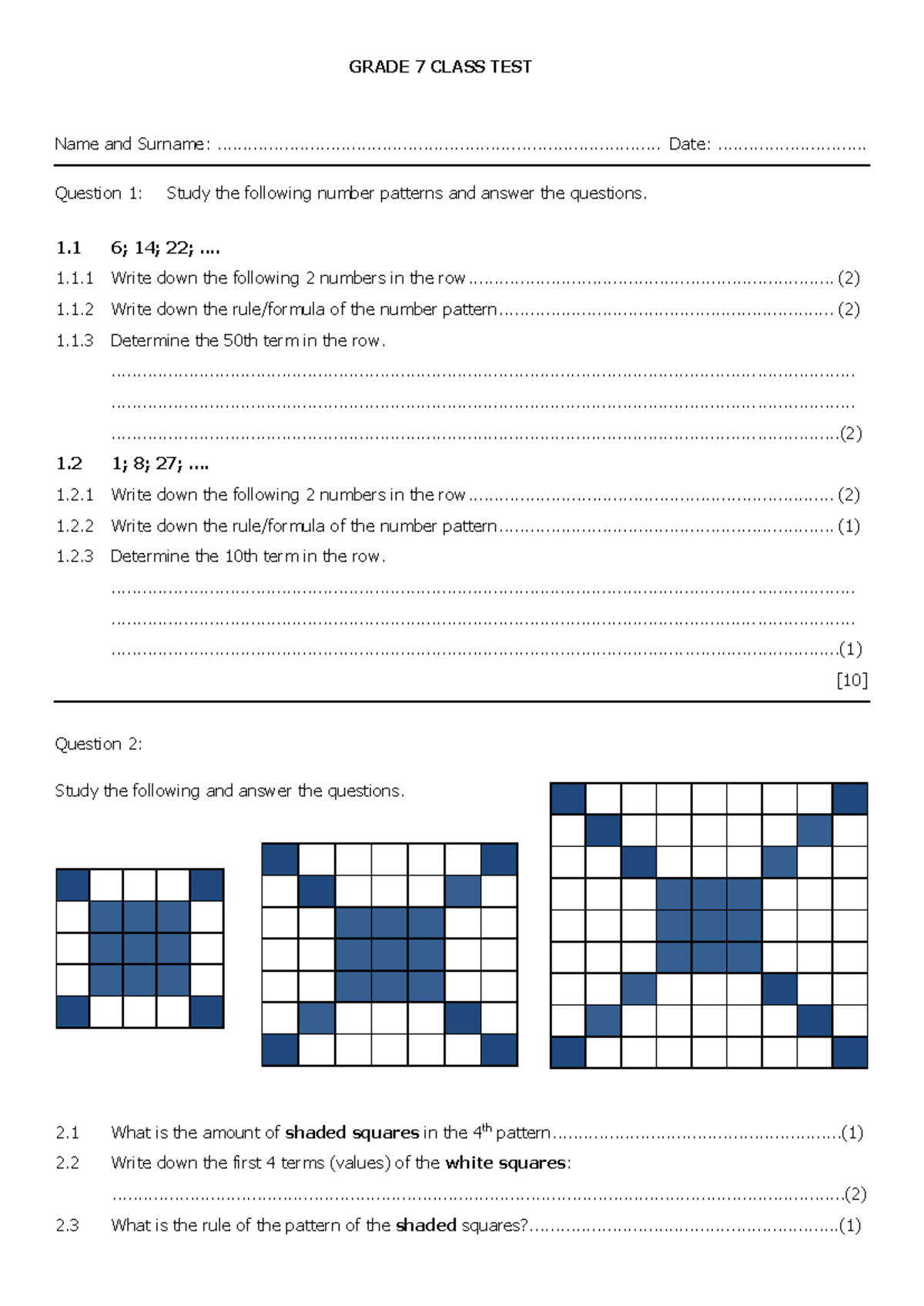 I-MAT 424 Grade 7 Patterns, Functions and Algebra class test - GRADE 7 ...