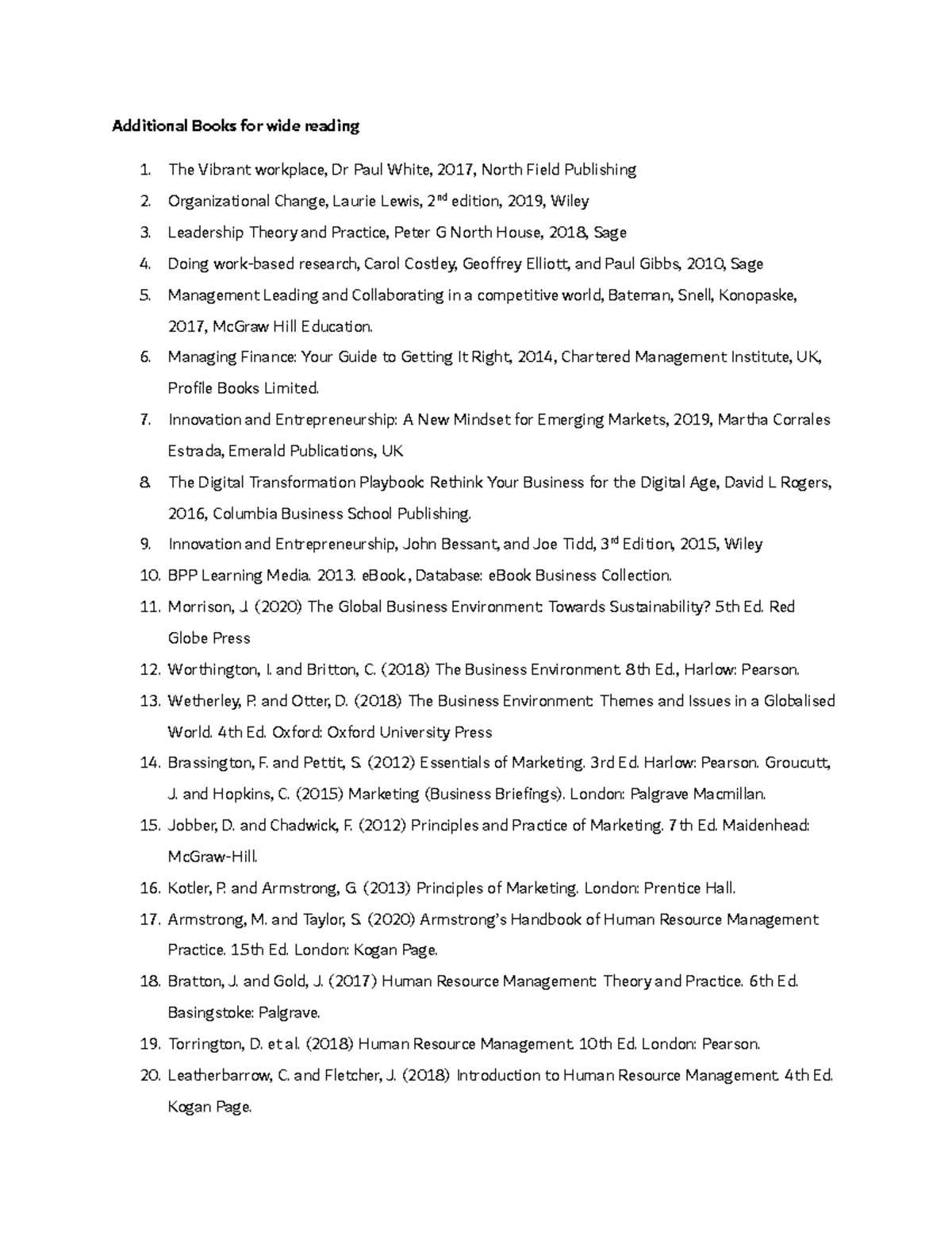 Additional reading materials for business studies and management - Studocu