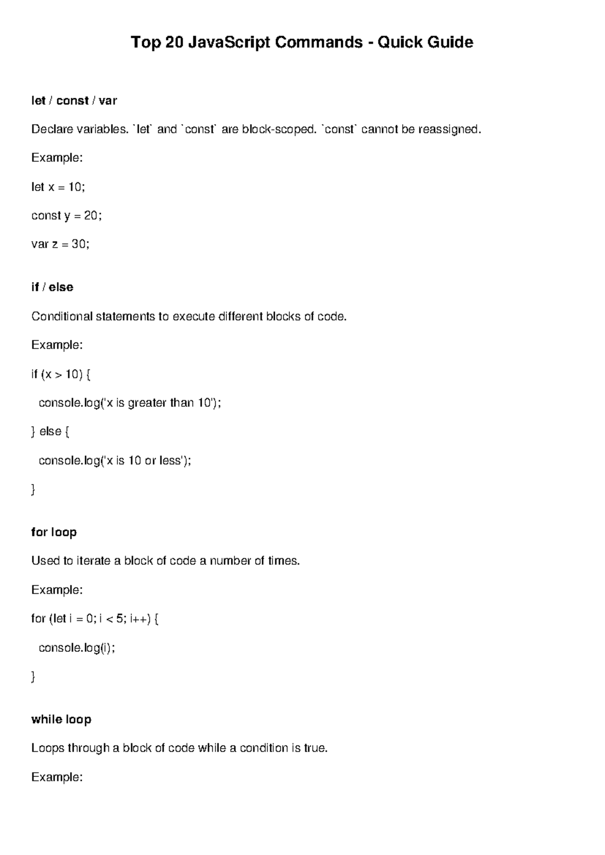 JavaScript Commands Quick Guide: Top 20 Essential Functions - Studocu