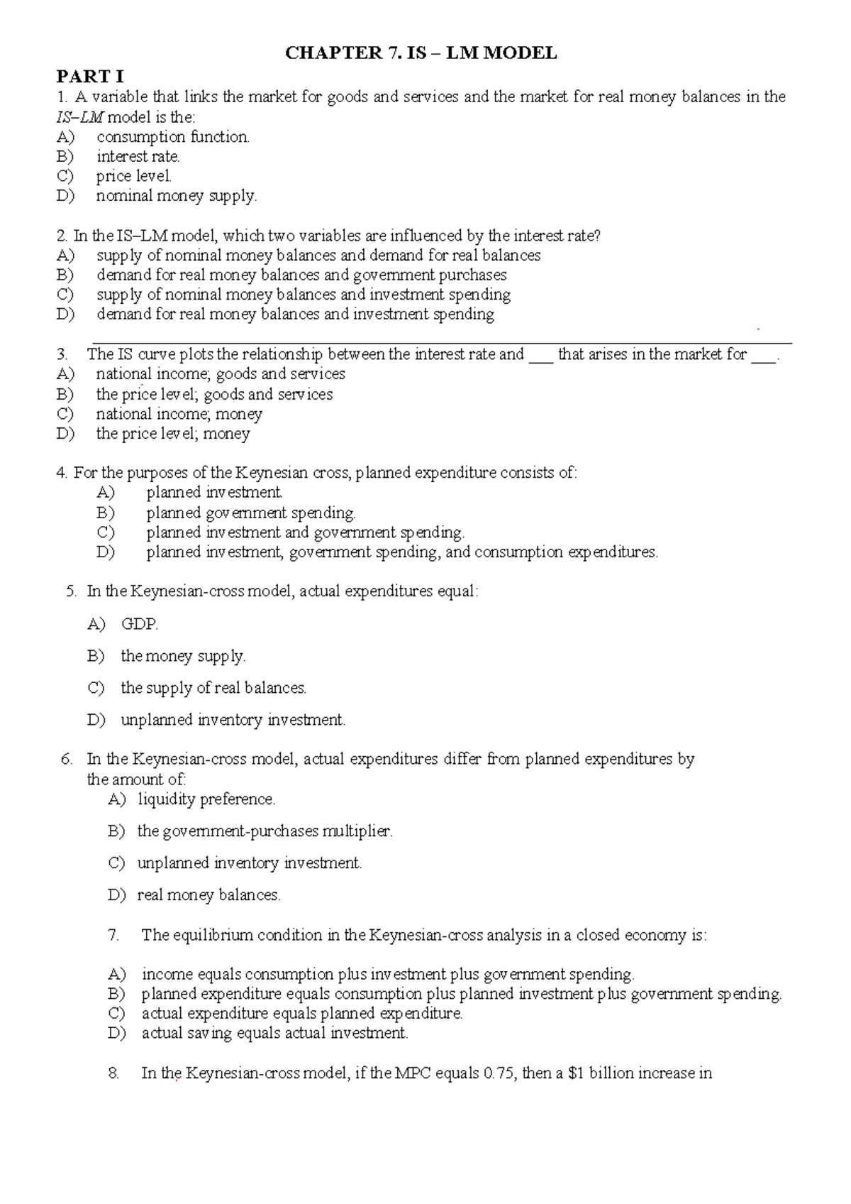 Chapter 7: IS-LM Model Analysis and Key Concepts - Studocu