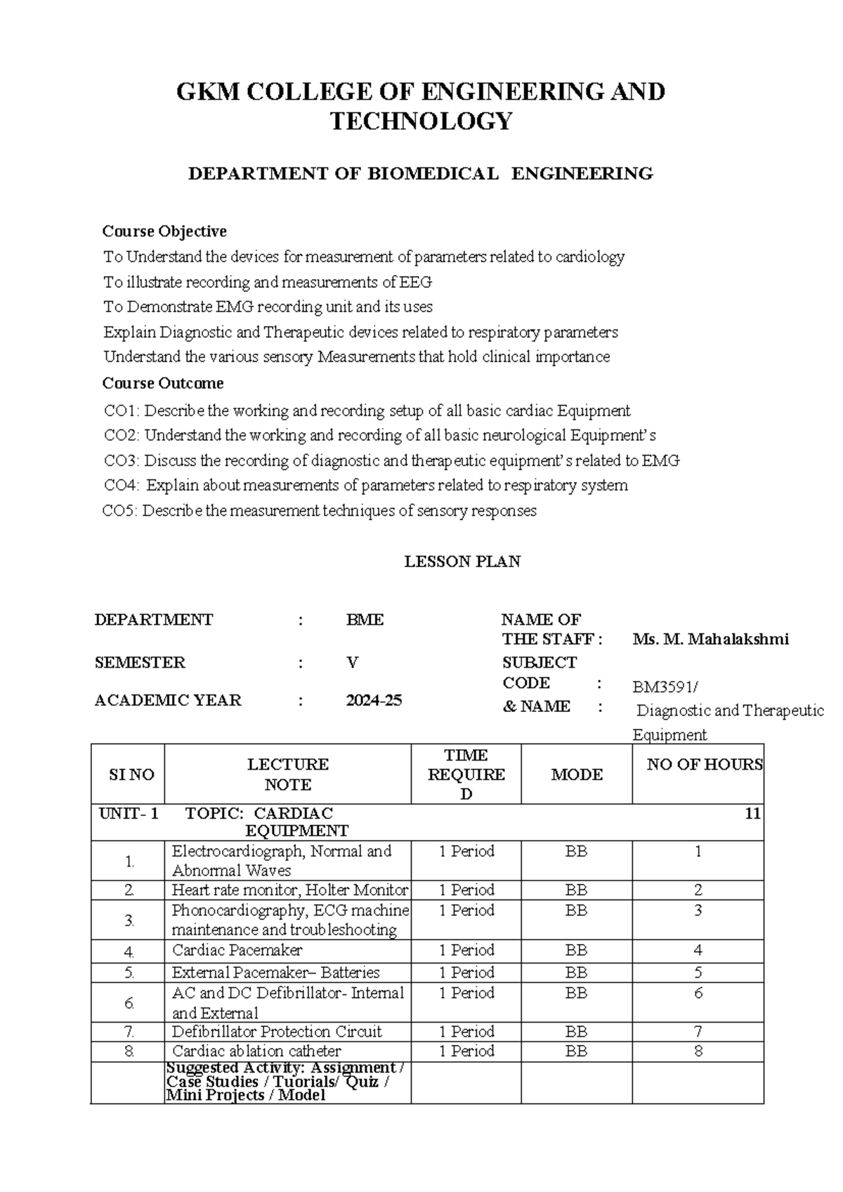 BME V Semester Lesson Plan: Cardiac & Neurological Equipment - Studocu
