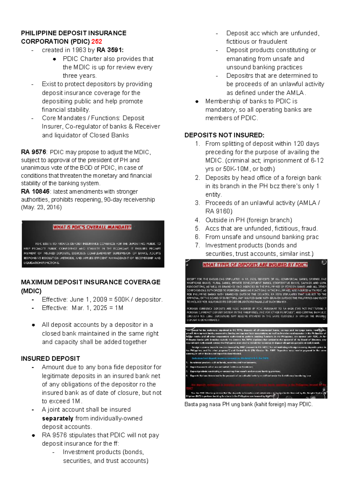 Rflib - PDIC charter and regulations overview (RA 3591, 9576, 10846 ...