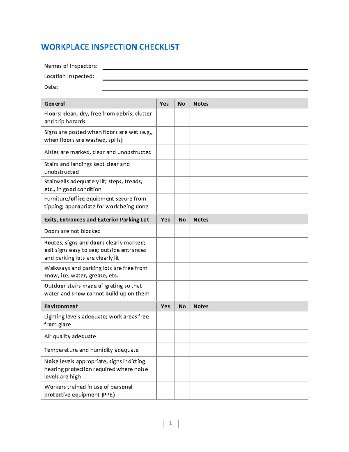 Workplace Inspection Checklist - WORKPLACE INSPECTION CHECKLIST Names ...