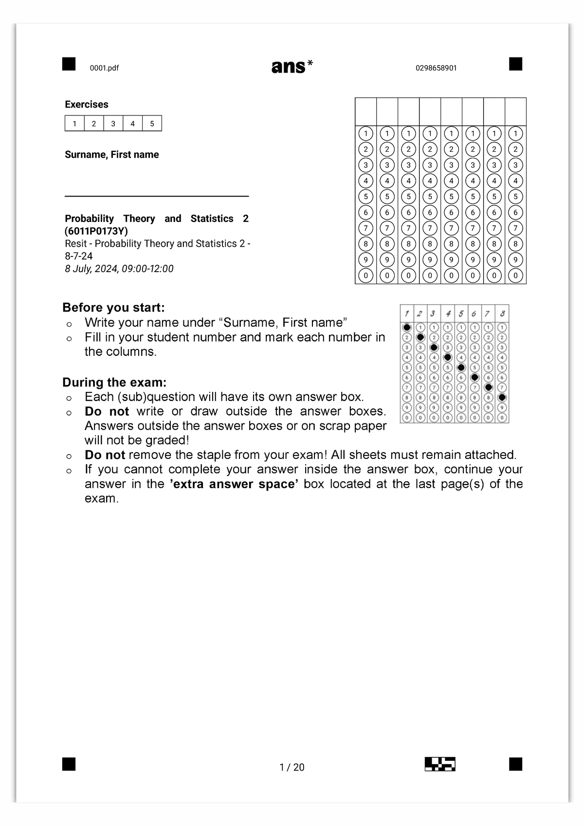 Resit Exam Guidelines for Probability Theory and Statistics 2 (6 011 P ...