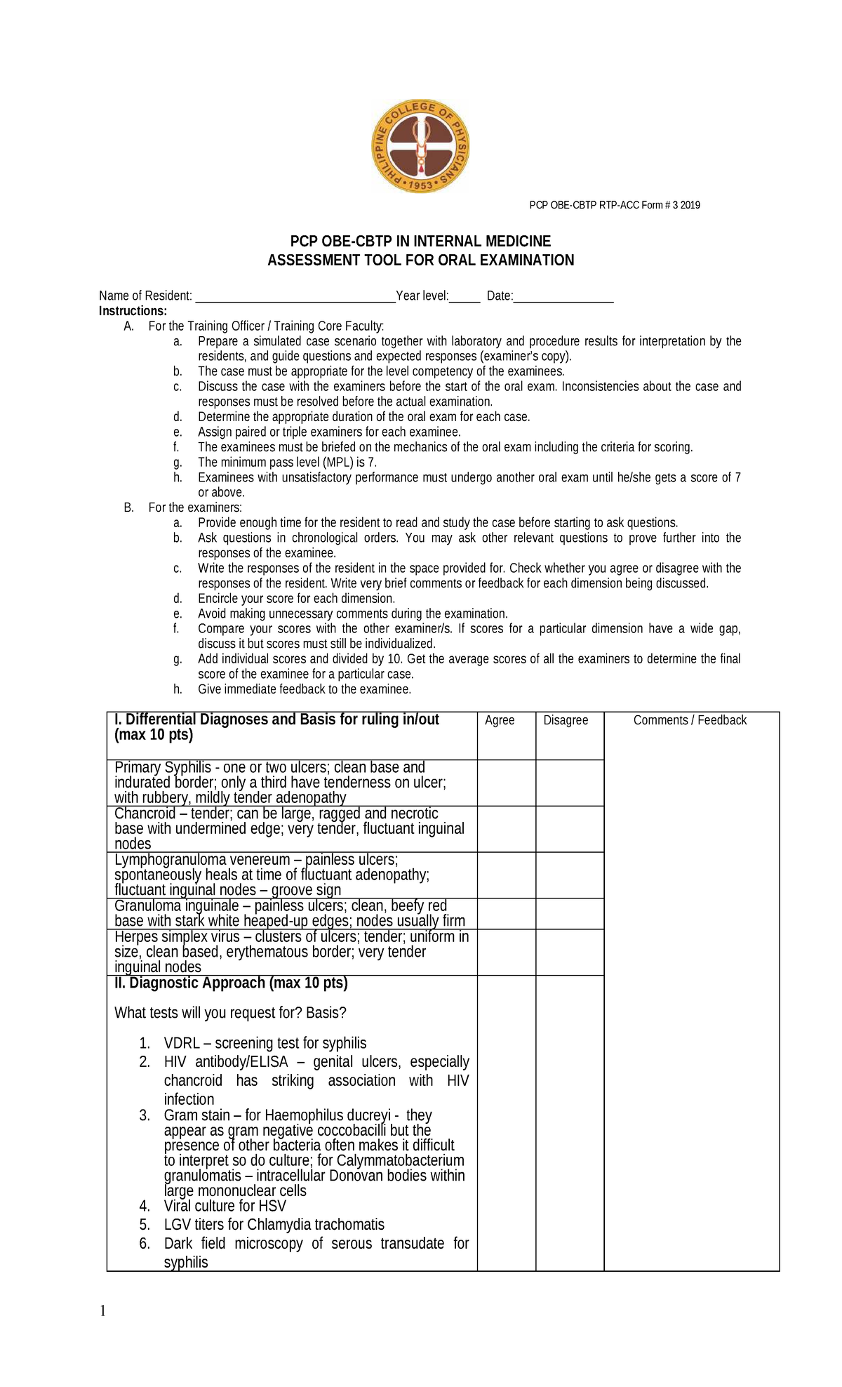PCP Form 3 2019: Internal Medicine Oral Exam Assessment Tool - Studocu