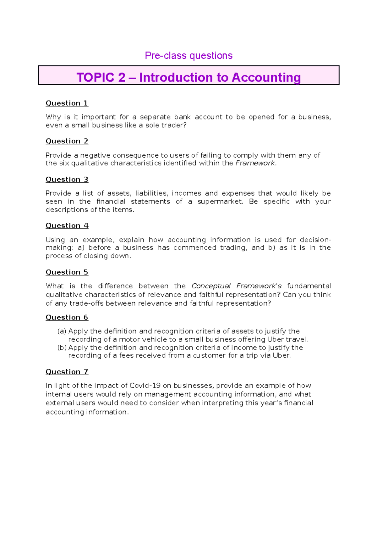 Topic 2 - Pre-class Questions & Solutions on Accounting Concepts - Studocu