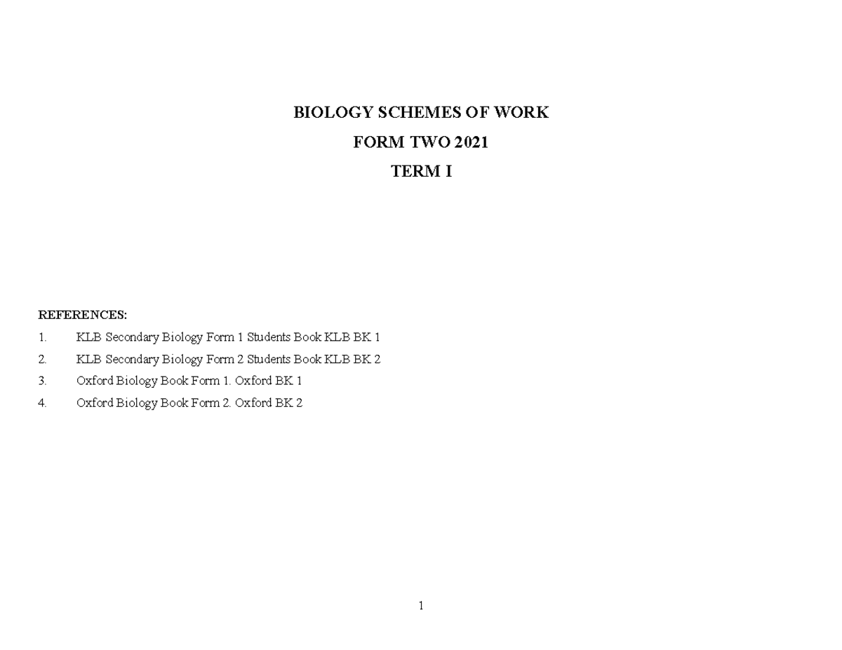 Biology Scheme Form 2 - BIOLOGY SCHEMES OF WORK FORM TWO 2021 TERM I ...