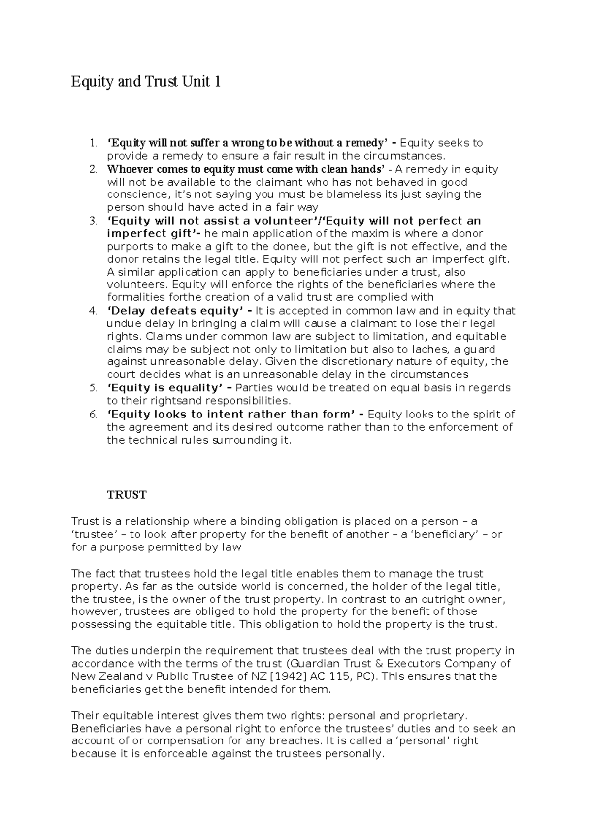 Equity and Trust Unit 1 - Summaries of Unit 1 - Equity and Trust Unit 1 ...