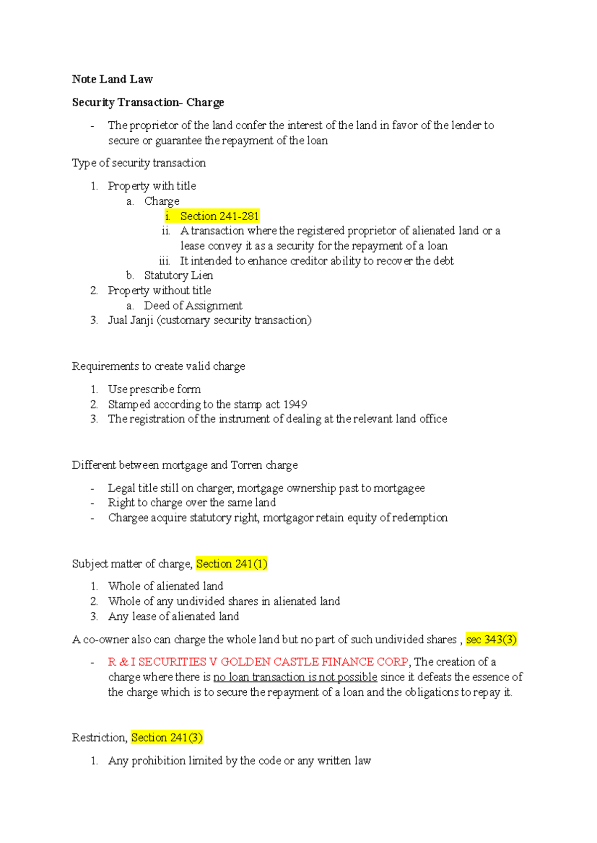 Land Law Lecture Notes: Security Charges and Statutory Liens Overview ...