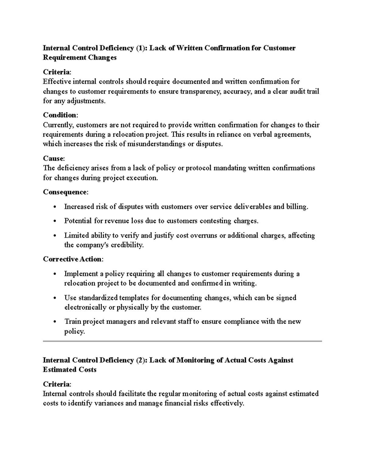 ý c - useful - Internal Control Deficiency (1): Lack of Written ...
