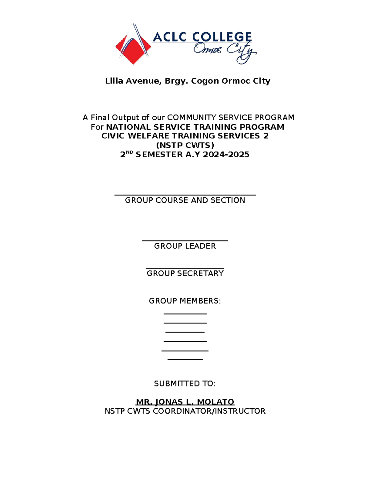 Final Project Plan Template for NSTP CWTS 2 Community Service - Studocu