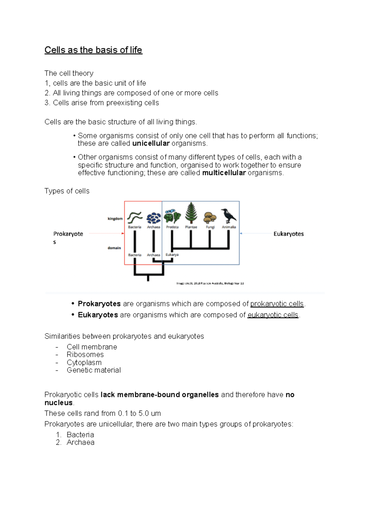 Biology Mod 1 Notes - Cells as the basis of life The cell theory 1 ...