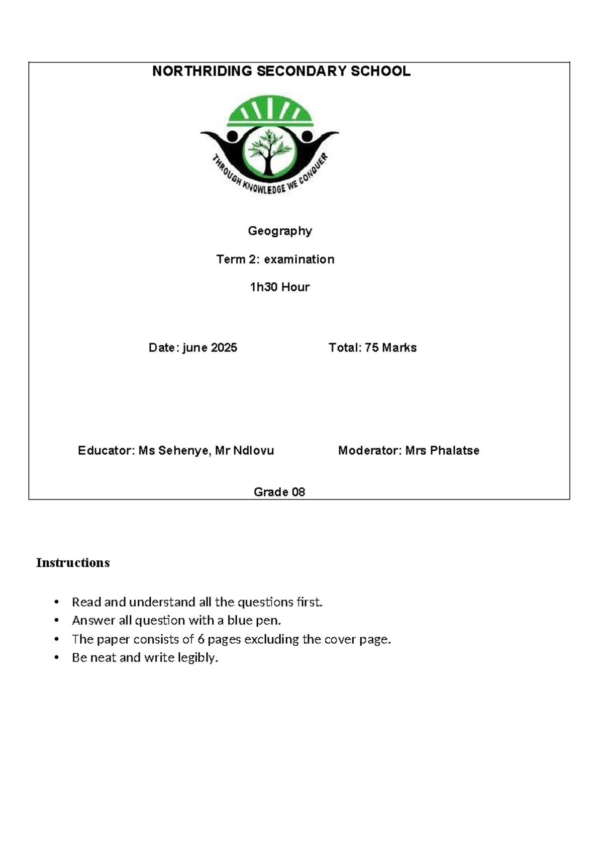 Grade 08 Geography Term 2 Mock Test 2025 - Northriding School - Studocu